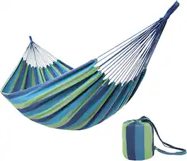 Winado - 12 FT Double Hammock Extra Long and Wide with Rope, Carrying Bag for Travel Camping, Backyard, Porch, Outdoor, Indoor - Blue & Green Stripe