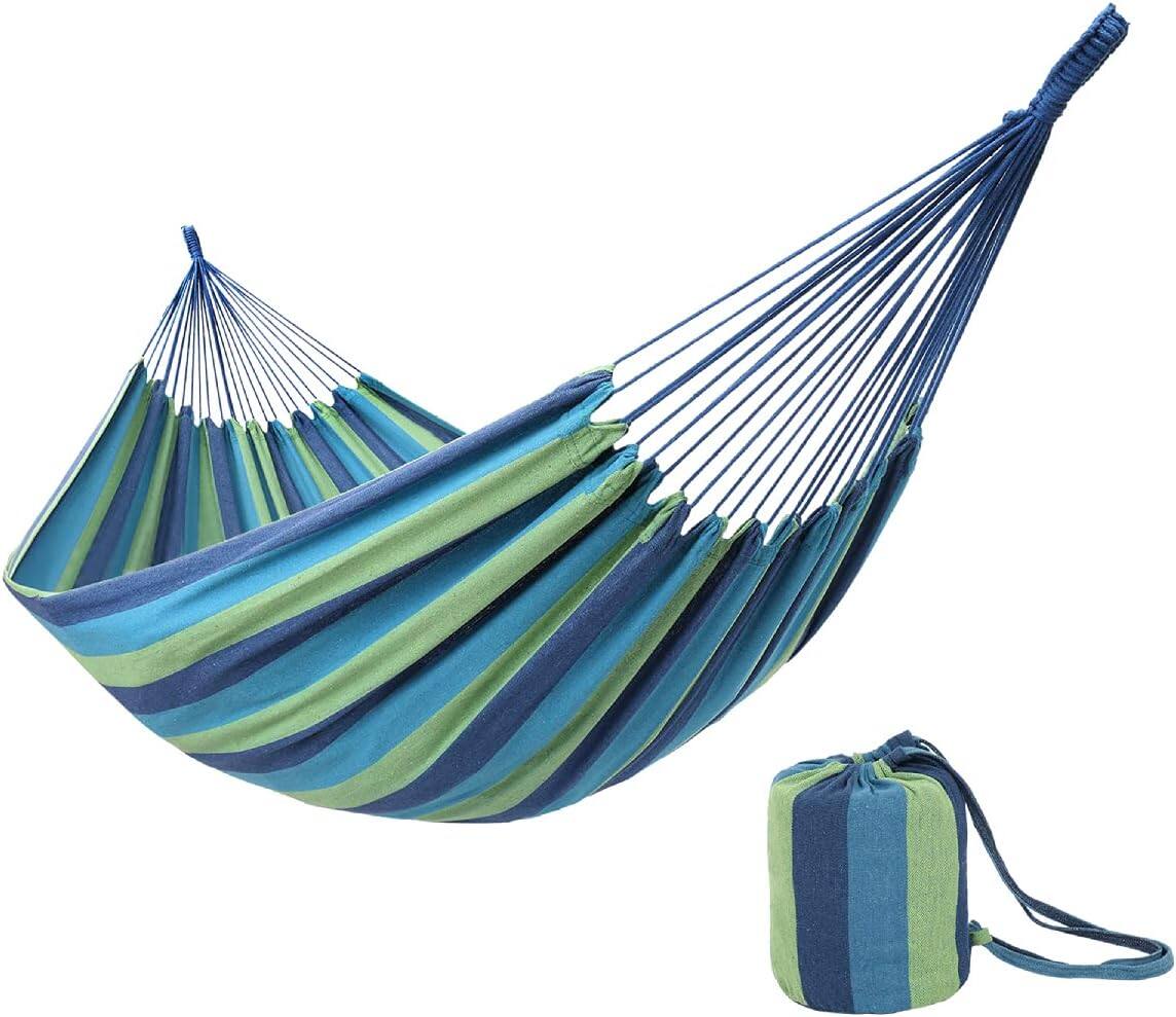 Front. Winado - 12 FT Double Hammock Extra Long and Wide with Rope, Carrying Bag for Travel Camping, Backyard, Porch, Outdoor, Indoor - Blue & Green Stripe.