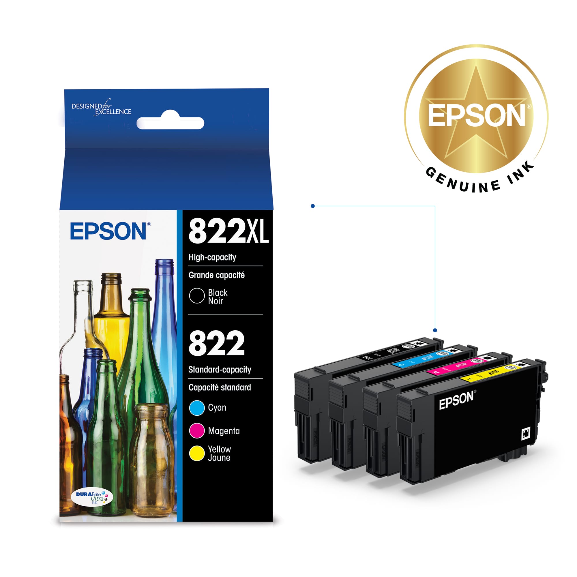 Designed for Epson EPSON 822XL High-capacity Genuine Ink. The package contains a standard-capacity cartridge and a high-capacity cartridge for the Epson printer. The colors included are black, cyan, magenta, and yellow.