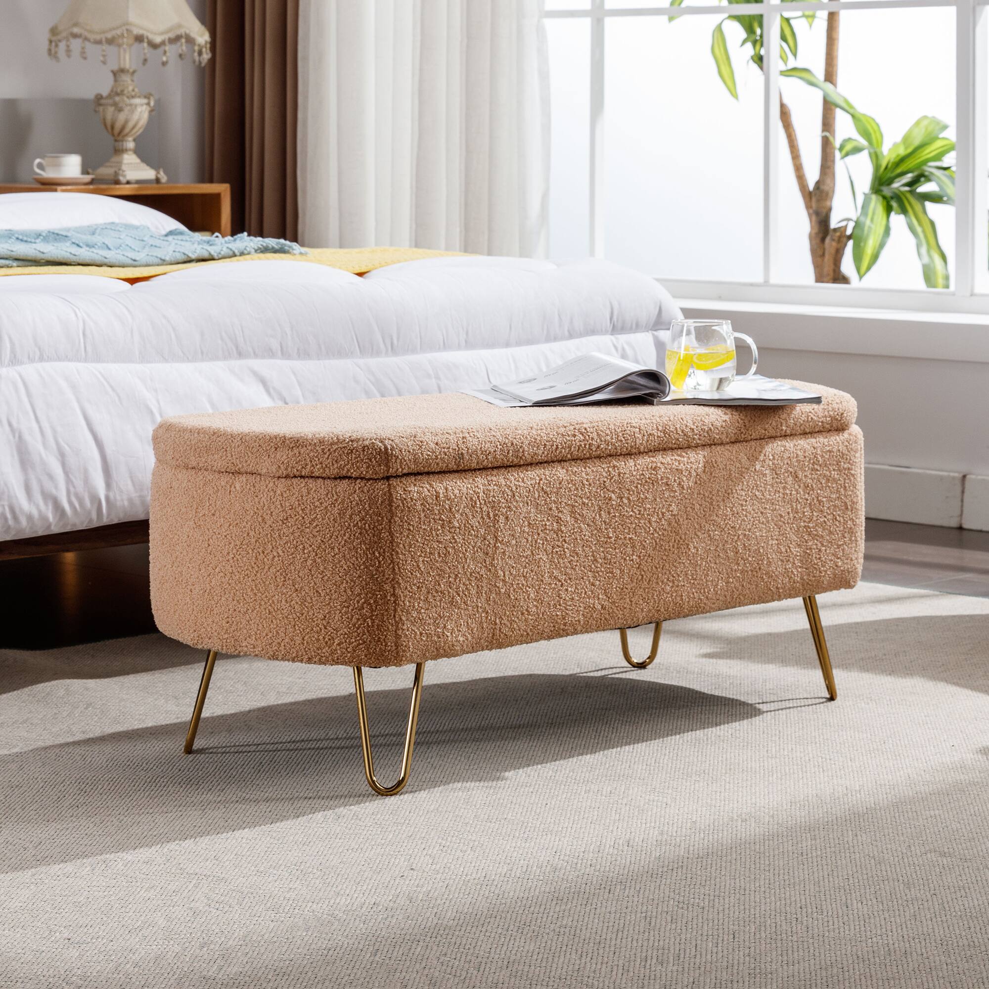 Alt View 1. Lirago - 39" W Dressing Chair Storage Bench - Faux Fur Padded Upholstered with Gold Legs - Brown.