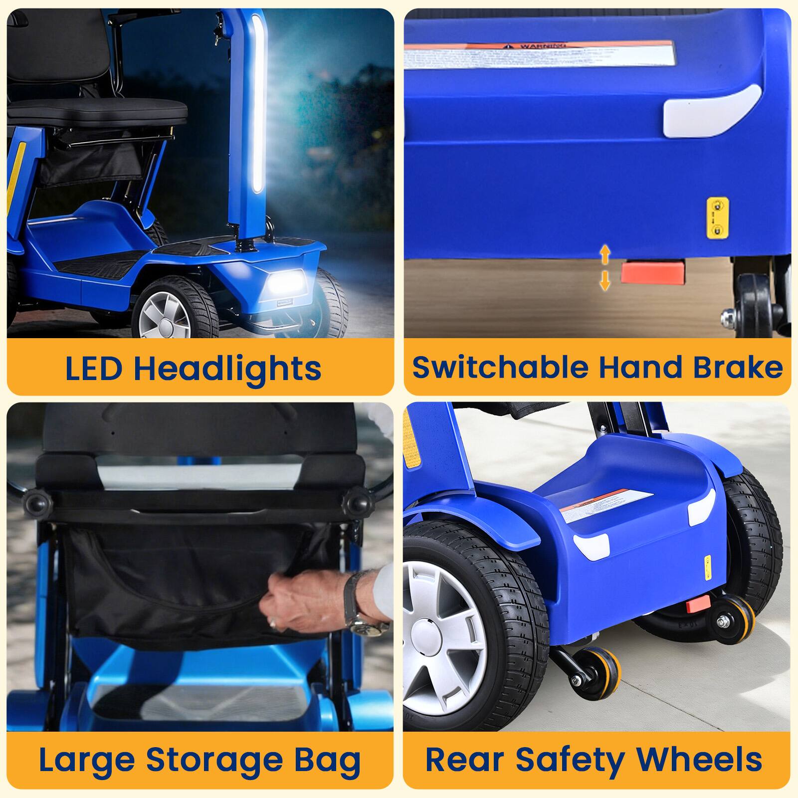 WARTRIV - LED Headlights Switchable Hand Brake Large Storage Bag Rear Safety Wheels