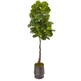 BreeBe - 69" Fiddle Leaf Tree in Ribbed Metal Planter (Real Touch) - Green