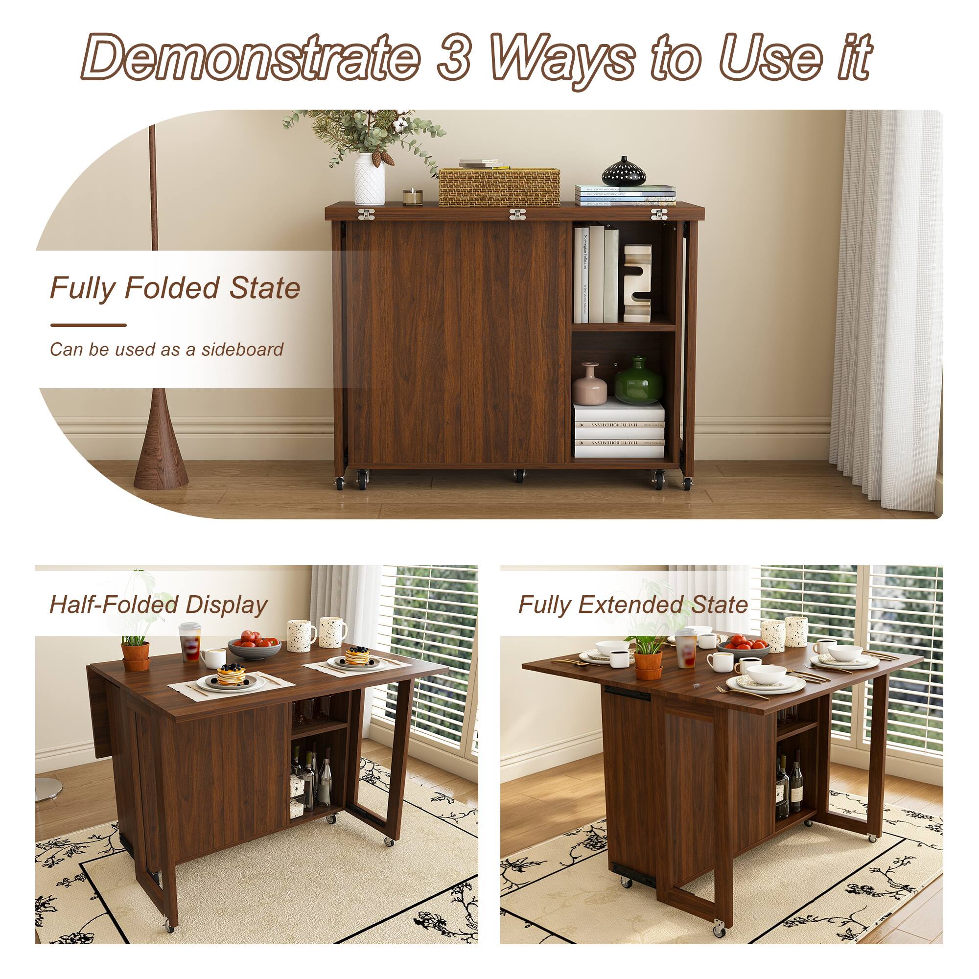 Loheer Folding Dining Table, MDF Convertible Side Table with Storage ...