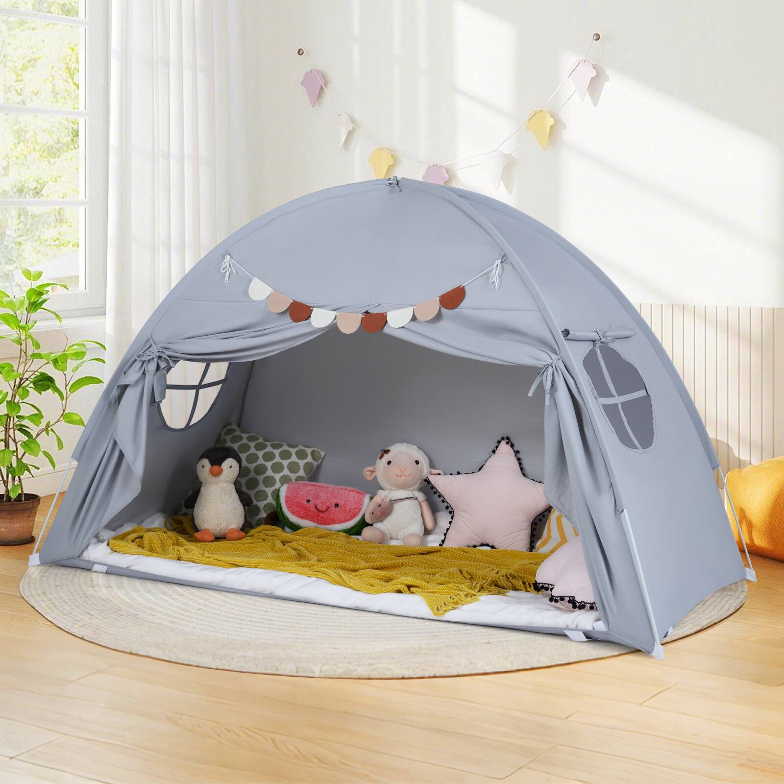 Alt View 1. Gymax - Gymax Twin Full Size Bed Tent w/2 Windows Flags for Boys & Girls Aged 3+ Years Old Grey - Grey.