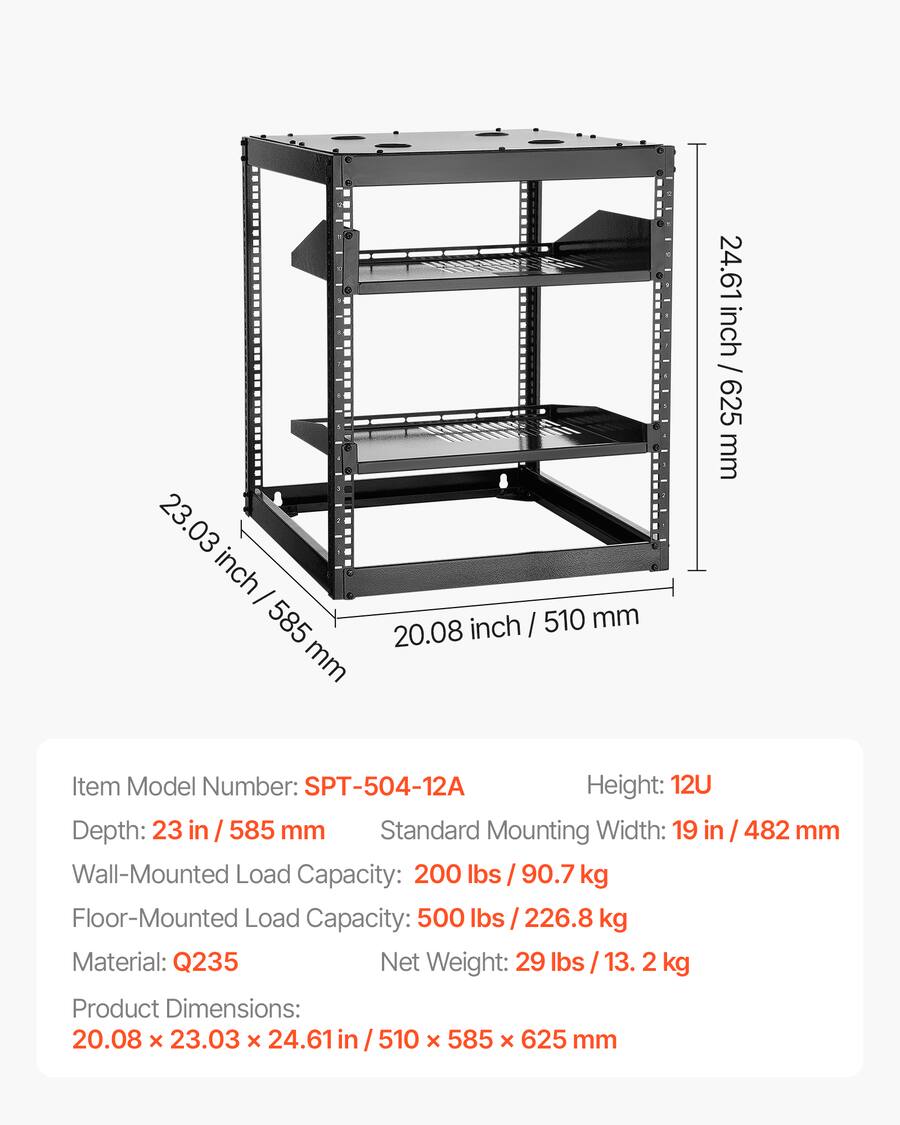 Spt Racks VEVOR 12U Open Frame Network Rack, 23 in Depth, Wall Mounted or Floor ...