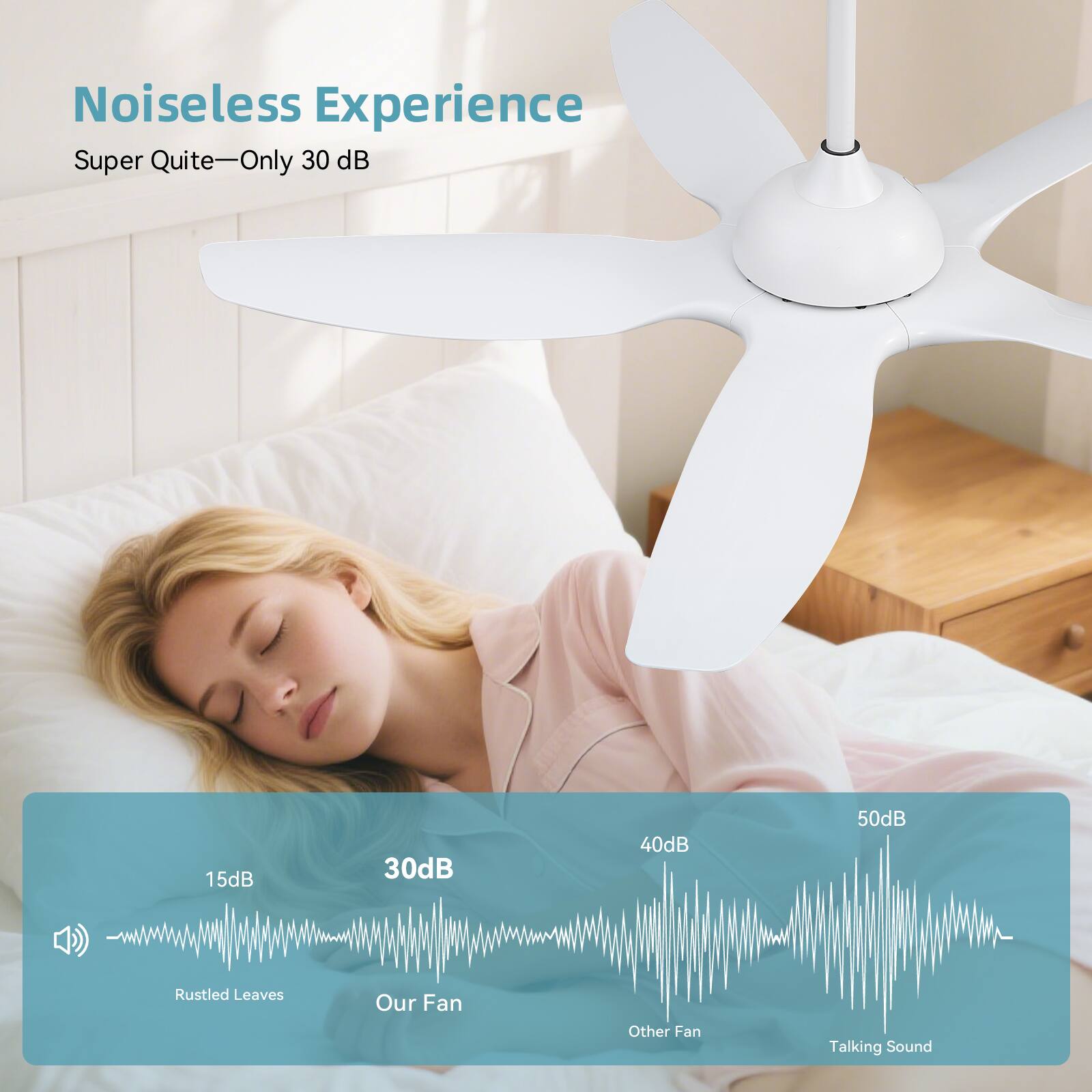 Noiseless Experience  
Super Quite—Only 30 dB  

15dB  
Rustled Leaves  

30dB  
Our Fan  

40dB  
Other Fan  

50dB  
Talking Sound