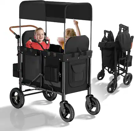 Front. Circus Cirle - 2 Seater Foldable Stroller Wagon with Removable Sun-Proof Canopy.