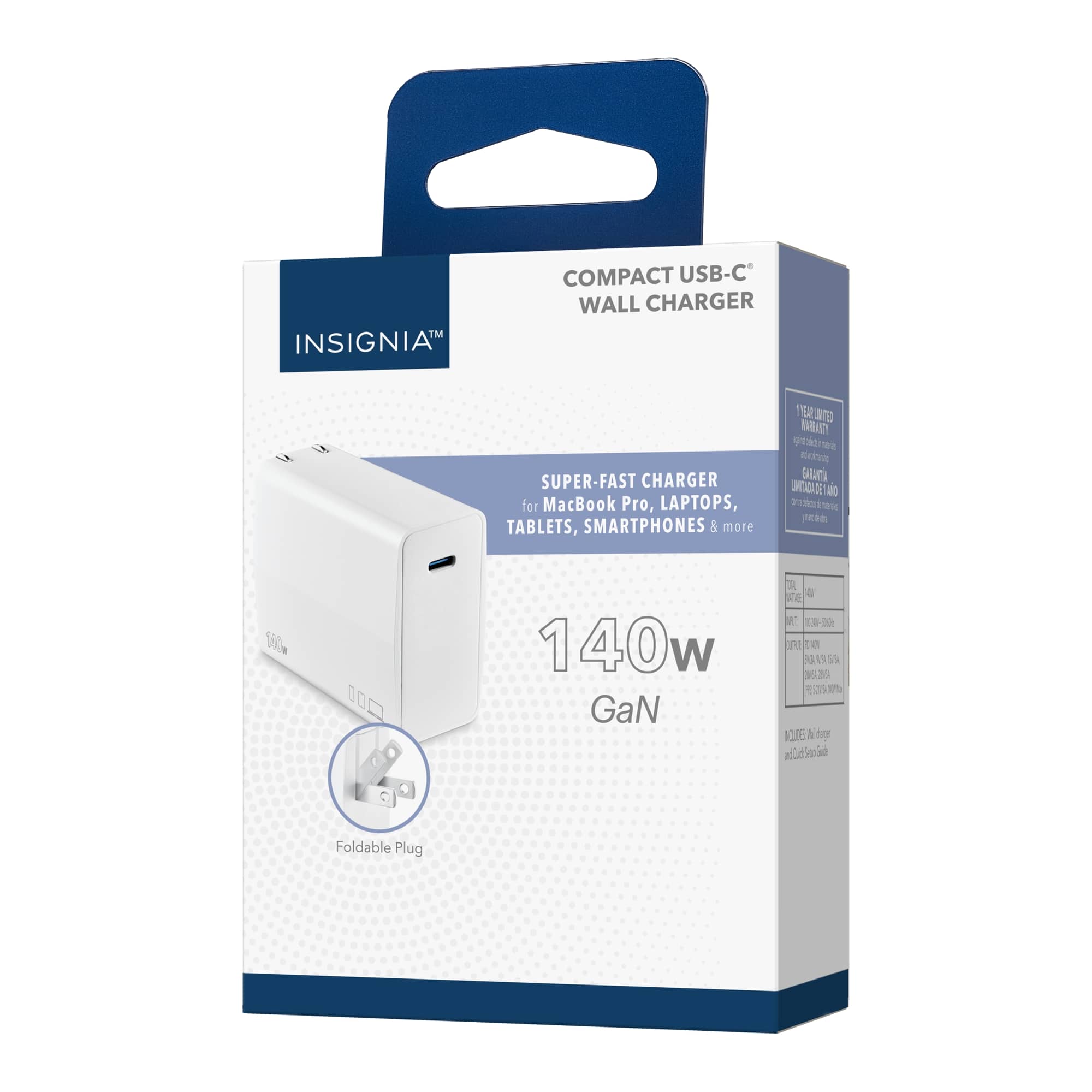 Insignia Compact USB-C Wall Charger Super-Fast Charger for MacBook Pro, Laptops, Tablets, Smartphones & more - 140W GaN Technology - 1 Year Limited Warranty - 20m/6.56ft Cord - 20V/5A 28V/5A R152054 - Includes: Foldable Plug