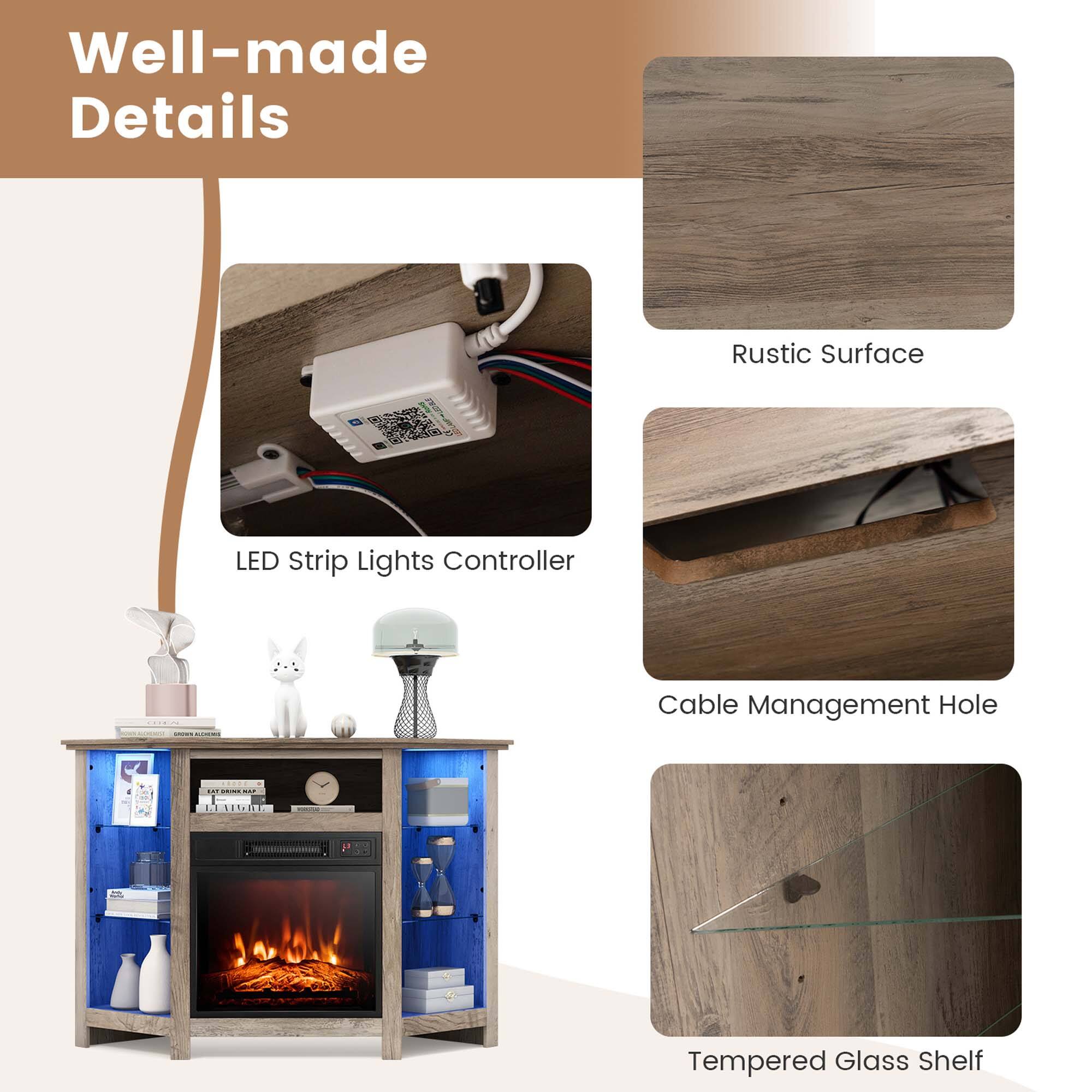 Well-made Details

- Rustic Surface
- LED Strip Lights Controller
- Cable Management Hole
- Tempered Glass Shelf