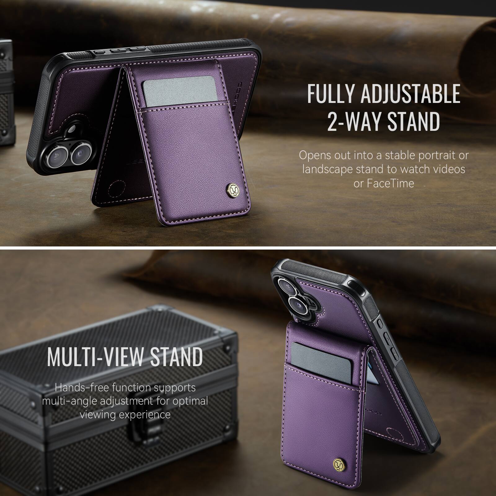 FULLY ADJUSTABLE 2-WAY STAND  
Opens out into a stable portrait or landscape stand to watch videos or FaceTime  

MULTI-VIEW STAND  
Hands-free function supports multi-angle adjustment for optimal viewing experience