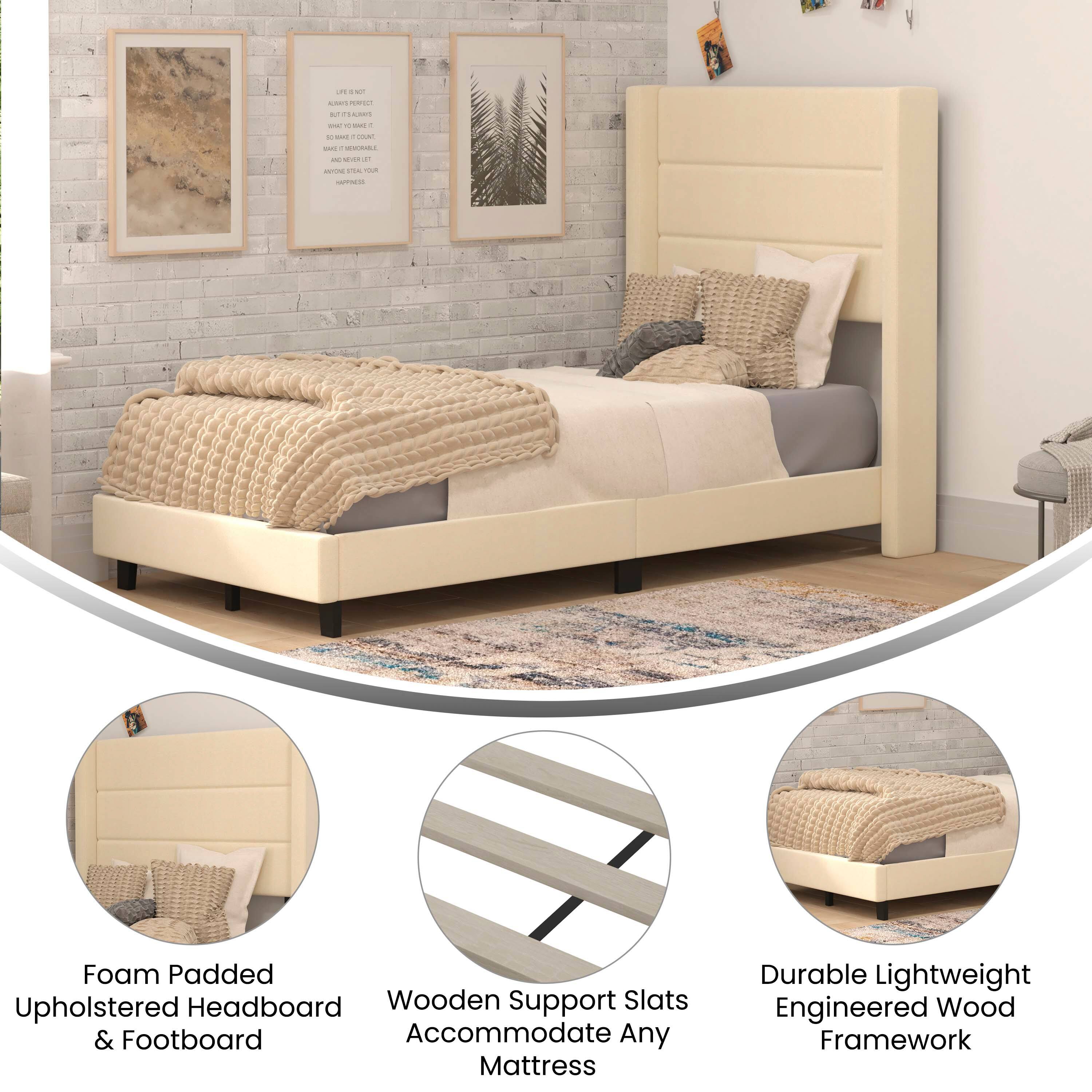 - Foam Padded Upholstered Headboard & Footboard
- Wooden Support Slats Accommodate Any Mattress
- Durable Lightweight Engineered Wood Framework