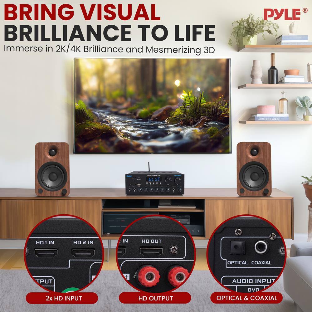 BRING VISUAL BRILLIANCE TO LIFE  
Immerse in 2K/4K Brilliance and Mesmerizing 3D  

PYLE  

2x HD INPUT  
HD OUTPUT  
OPTICAL & COAXIAL  

HD1 IN  
HD2 IN  
HD OUT  

OPTICAL COAXIAL  
AUDIO INPUT  
DVD