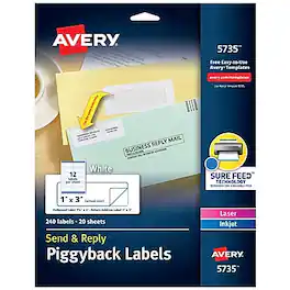 Avery - Send & Reply Piggyback Laser/Inkjet Mailing Labels, 1-5/8" x 4" Outer, 1" x 3" Inner, 240 Labels/Pack - White