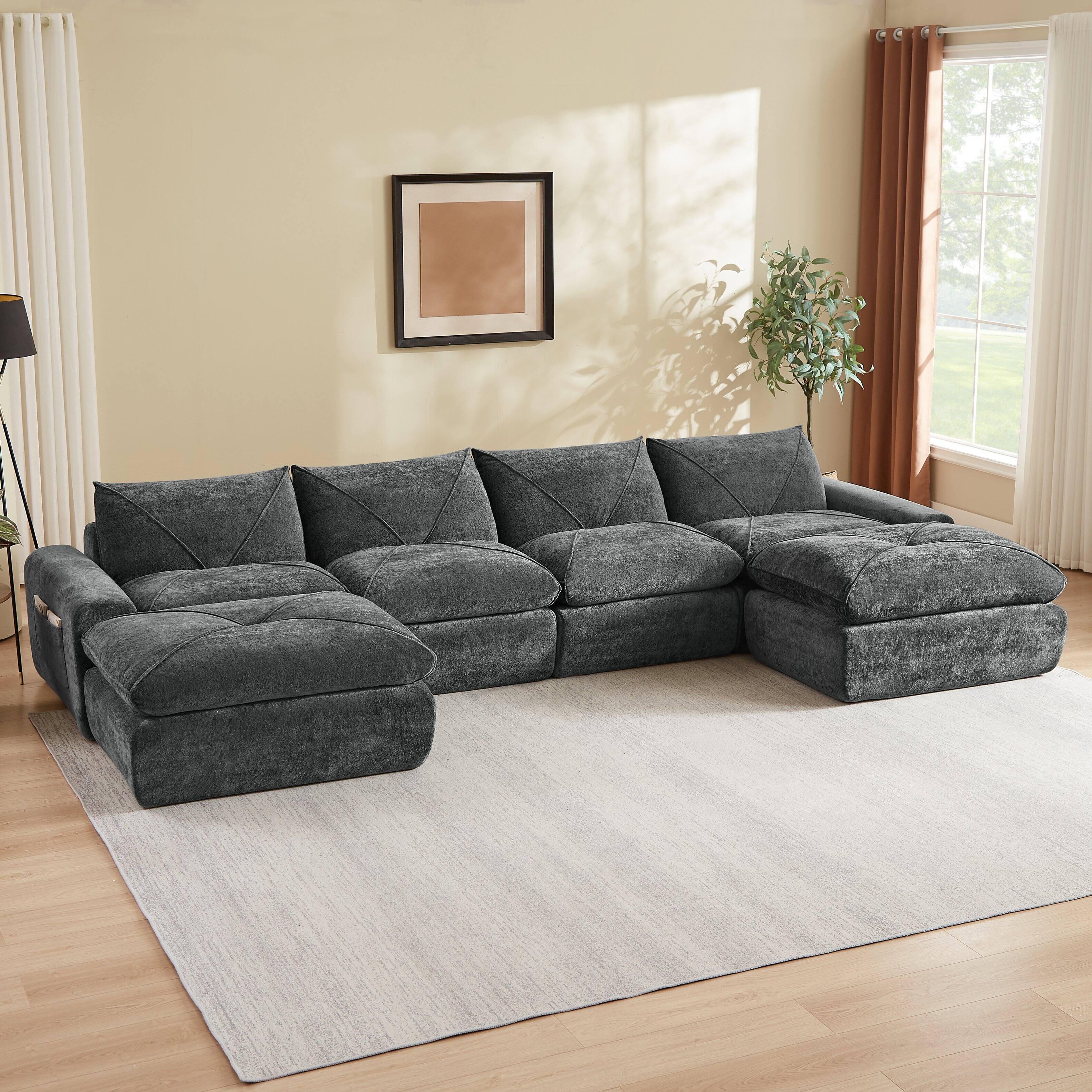 Angle. Loheer - Loheer Modern Minimalist Chenille Sectional Sofa Oversized Modular Couch with Ottoman for Large Living Rooms - Dark Gray.