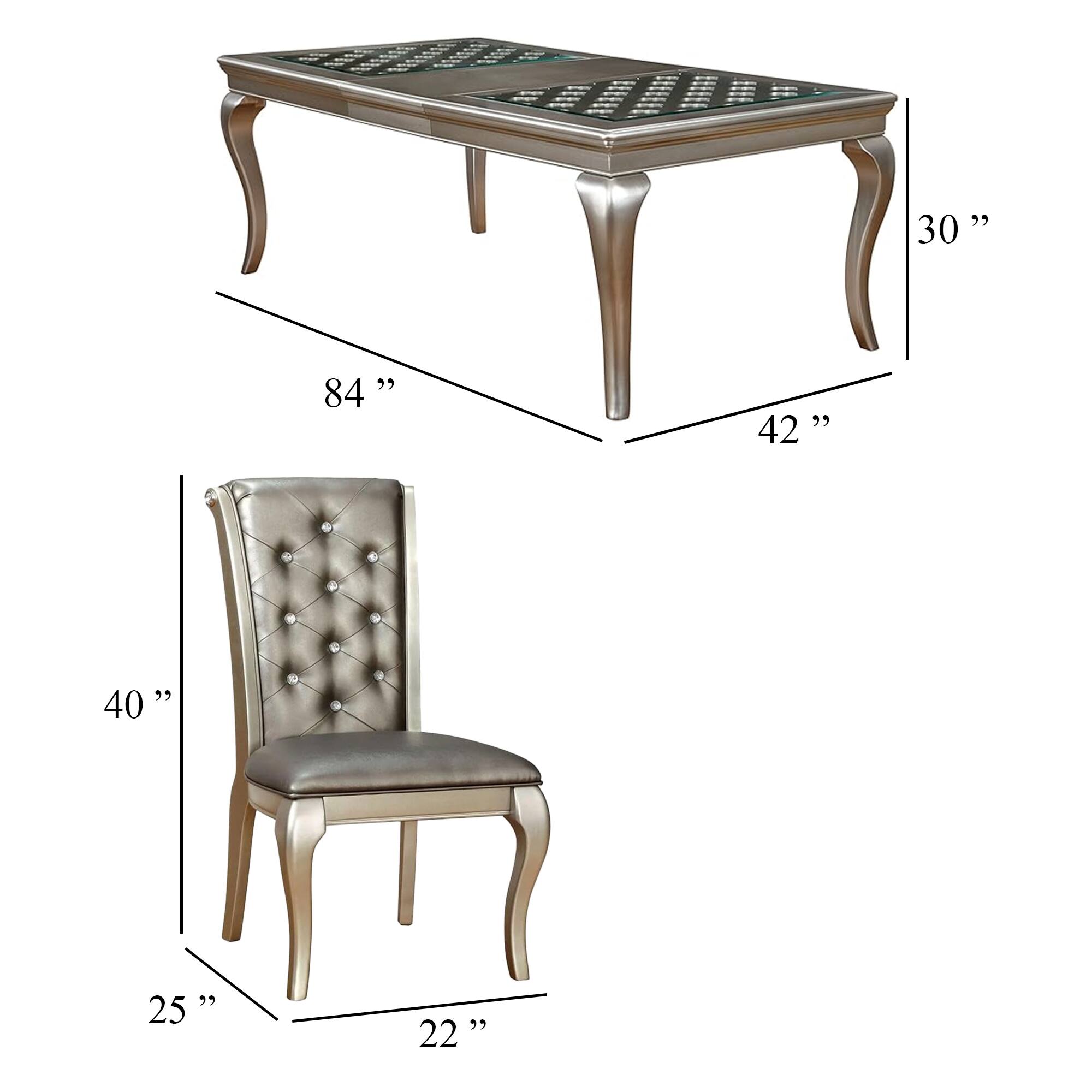 - Table:
  - Length: 84"
  - Width: 42"
  - Height: 30"

- Chair:
  - Height: 40"
  - Width: 22"
  - Depth: 25"
