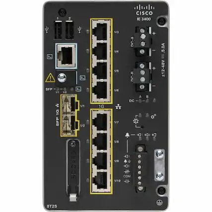 CISCO IE 3400
1/1 1/2 SFP 1G
1/3 1/4 1/5 1/6 1/7 1/8 1/9 1/10
DC-A + 5.0A
DC-R +12-48V DC-R
SFP 1G
SD CARD
8T2S
COM 1/10
DC-A B