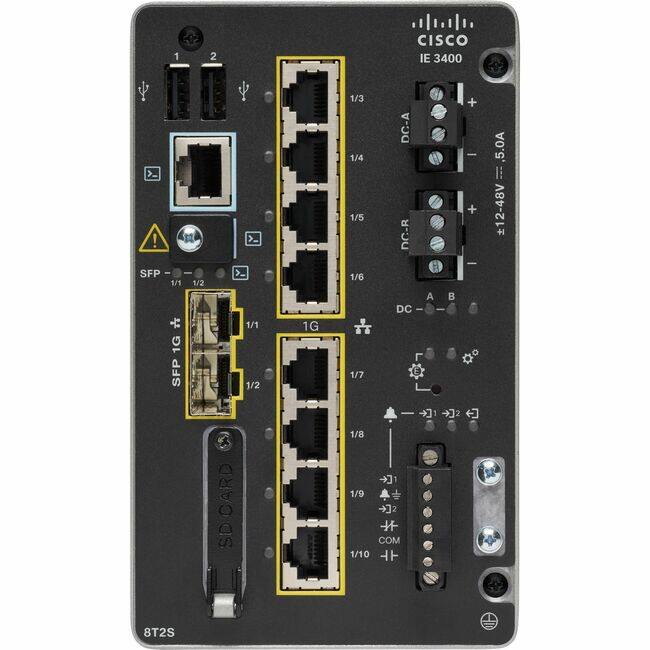 CISCO IE 3400

1/1 1/2 SFP 1G
1/3 1/4 1/5 1/6 1/7 1/8 1/9 1/10

DC-A + 5.0A
DC-R +12-48V DC-R

SFP 1G
SD CARD

8T2S

COM 1/10

DC-A B