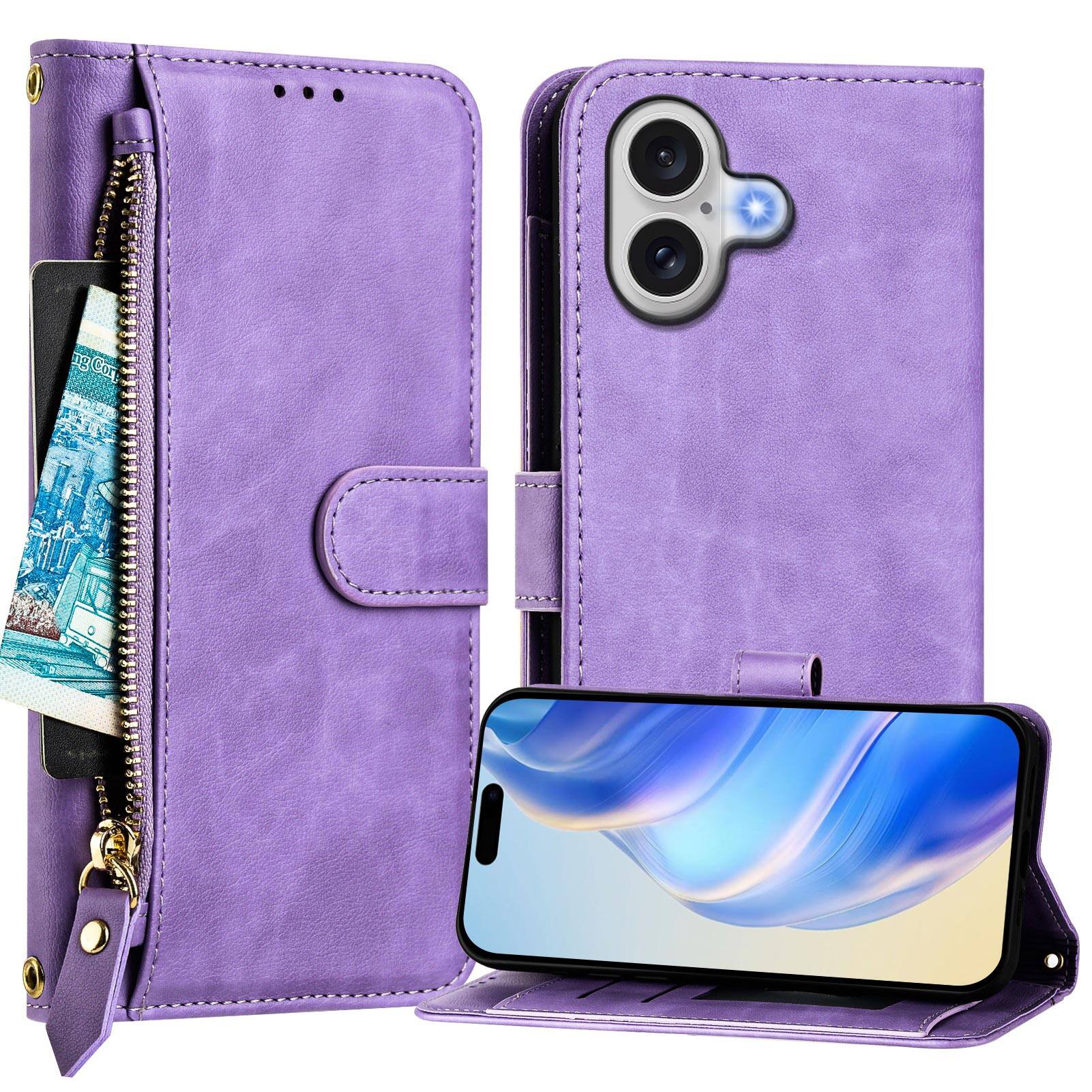 Angle. UUCOVER - Zipper Wallet Case for iPhone 17 Magnetic PU Leather Card Slots Pocket Stand Cover with Shoulder / Wrist Strap - Purple.
