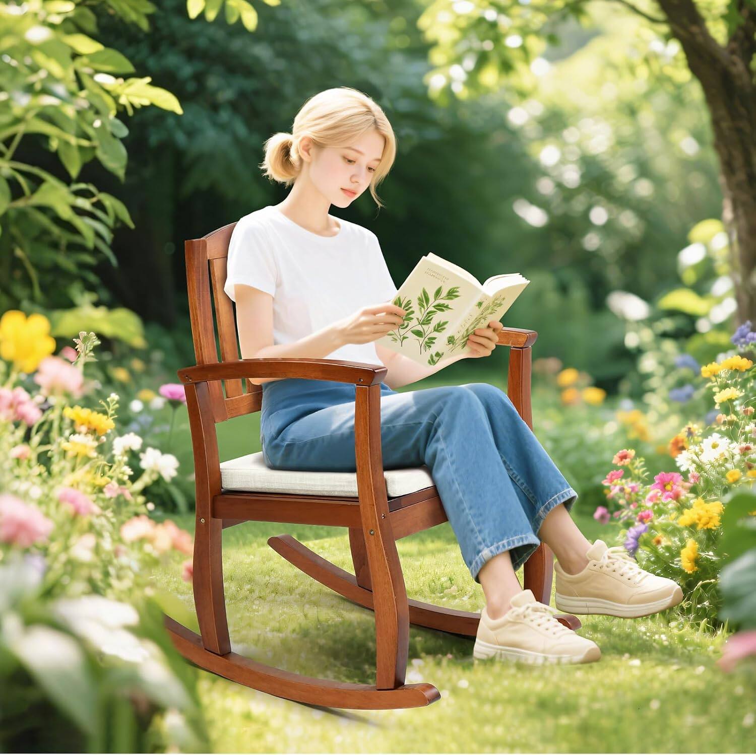 Alt View 6. Winado - Wooden Rocking Chair with Cushion, Comfortable Backrest Rocker Supports Up to 450LBS for Outdoor Indoor Porch Balcony - Natural.