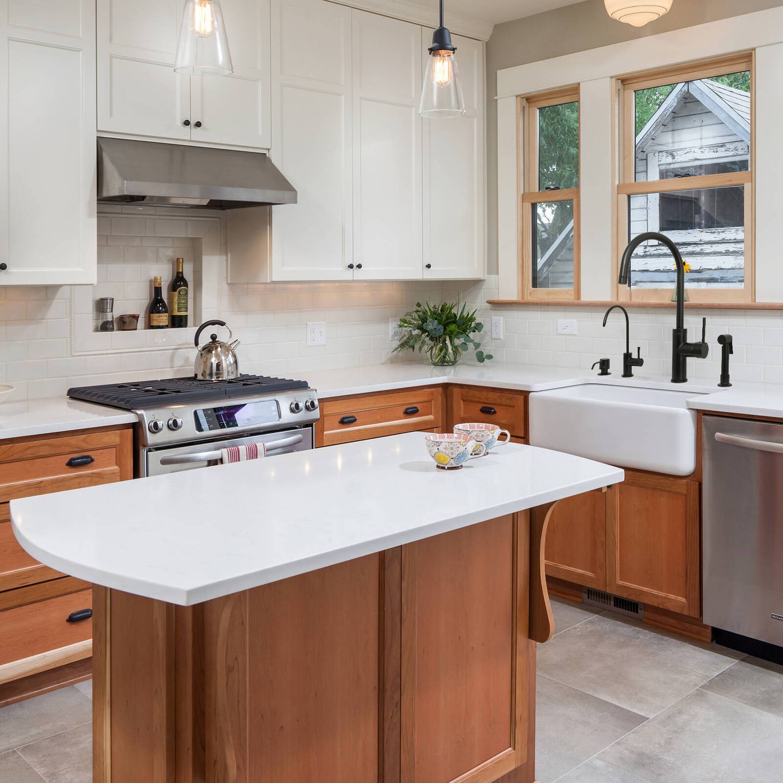 Alt View 5. Akicon - Akicon Solid Brass Single Handle 360° Swivel Widespread Kitchen Faucet with Side Sprayer in Matte Black - Matte Black.