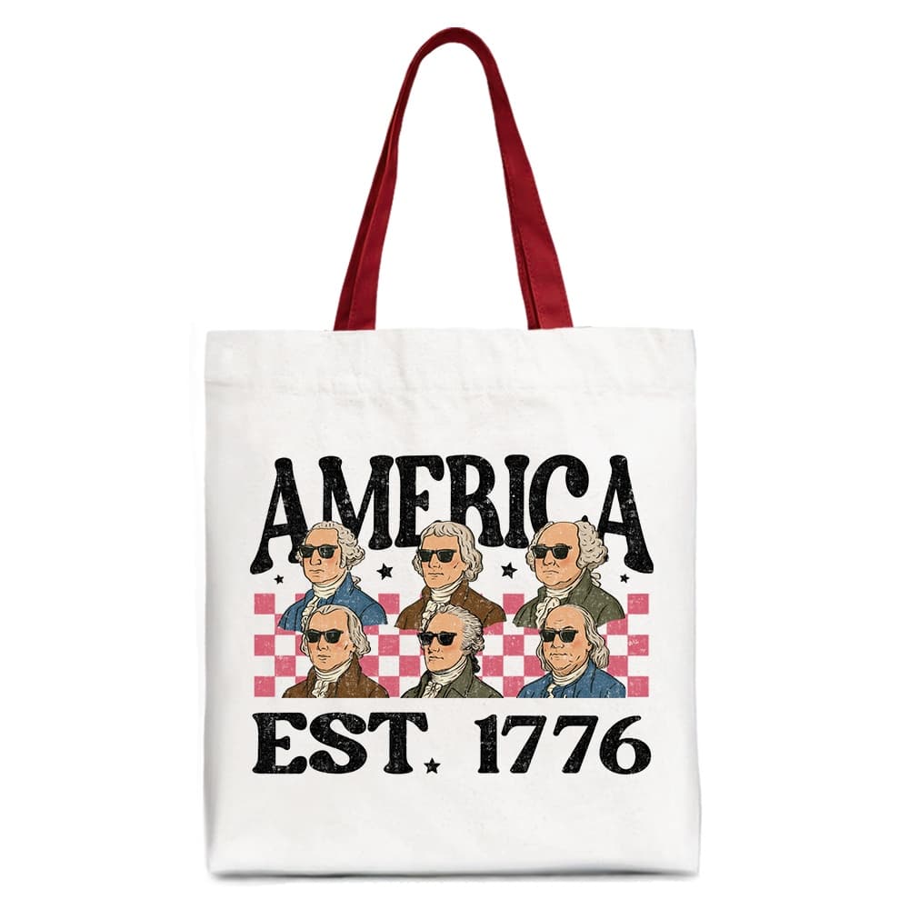 OrnamentallyYou - America Est 1776 Founding Fathers Vintage Canvas Tote Bag, Retro Patriotic Gift Shopper - White Red