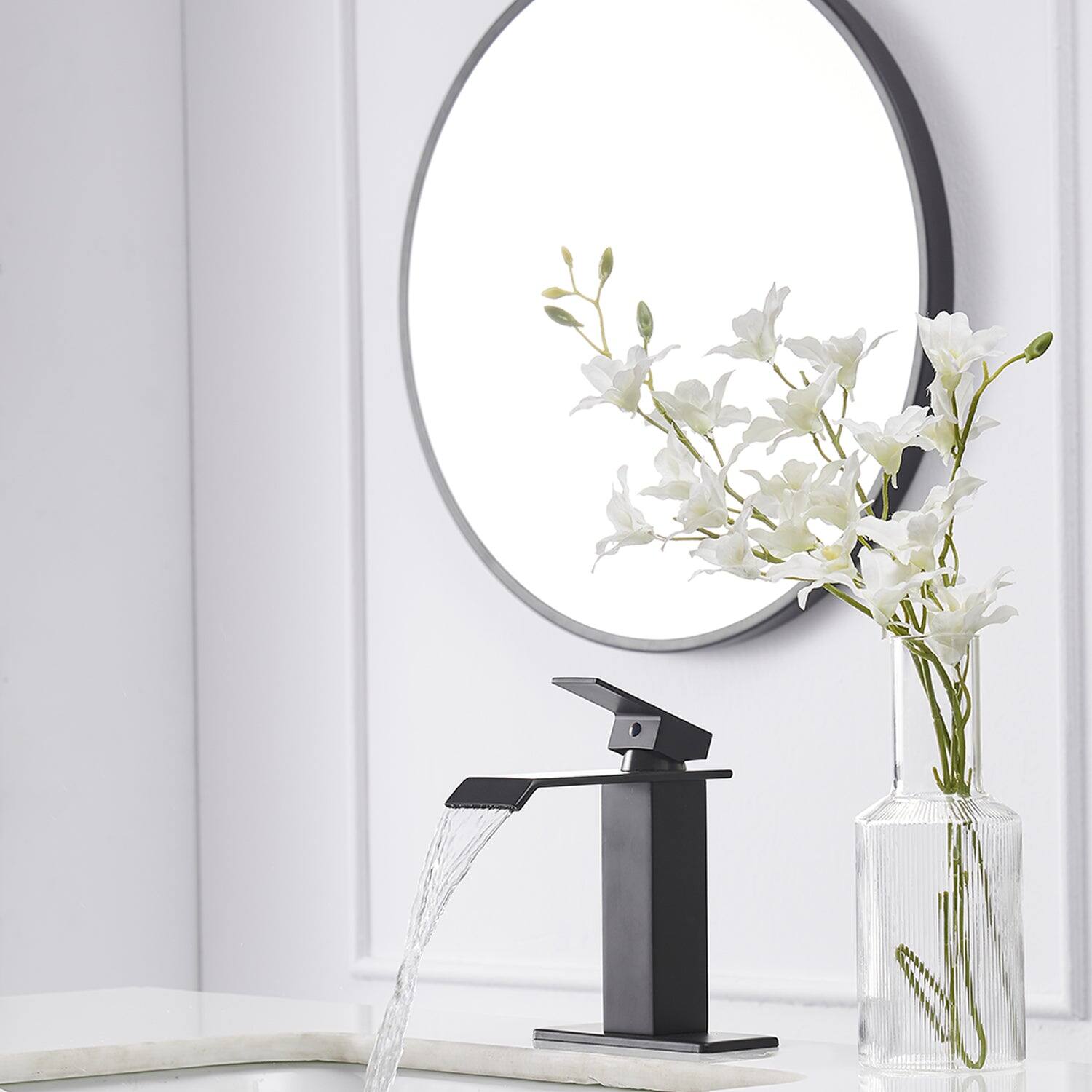 Alt View 4. Boyel Living - Waterfall Single Hole Single Handle Low Arc Bathroom Faucet with Pop up Drain Assembly in Matte Black - Matte Black.