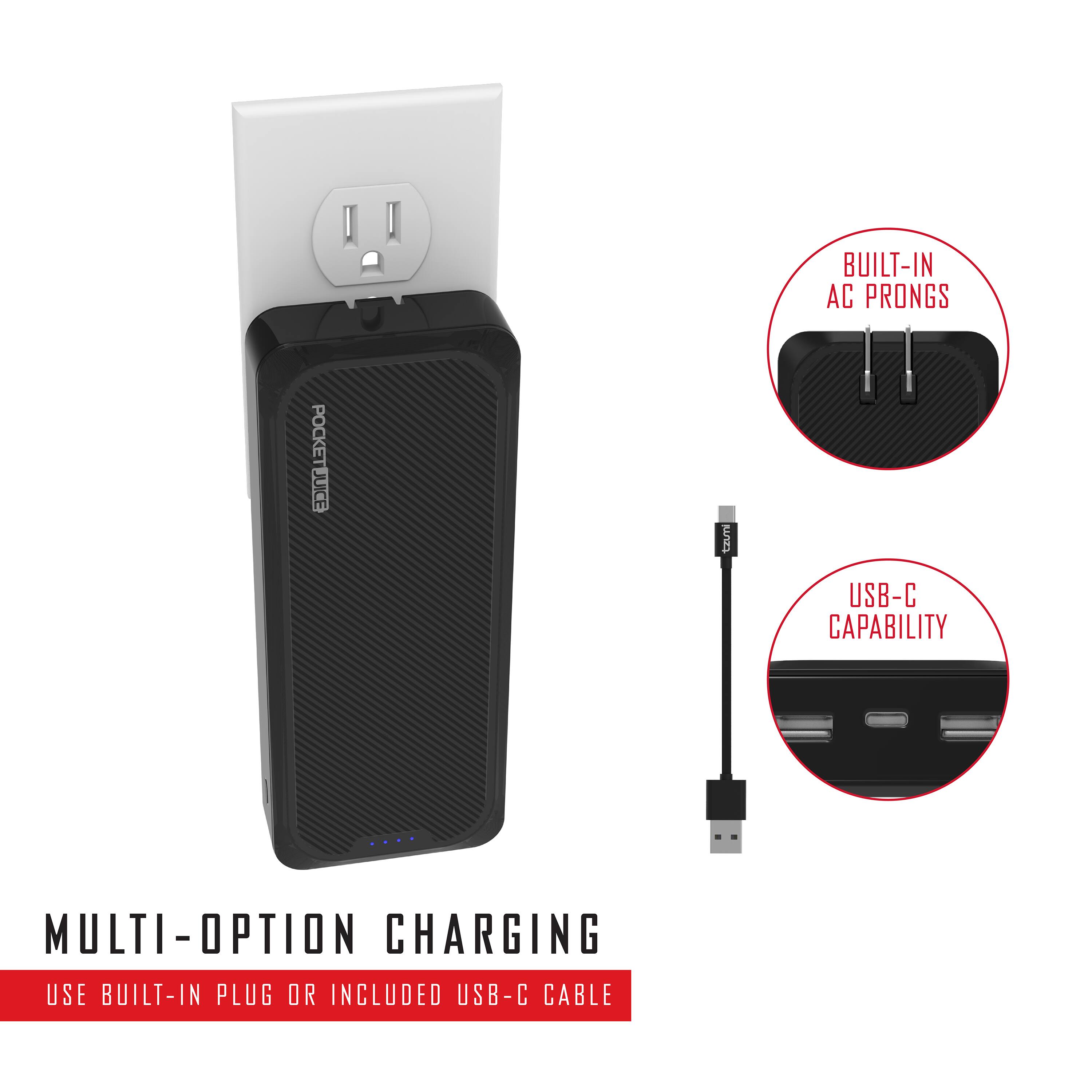 BUILT-IN AC PRONGS  
POCKETJUICE  
MULTI-OPTION CHARGING  
USE BUILT-IN PLUG OR INCLUDED USB-C CABLE  
USB-C CAPABILITY