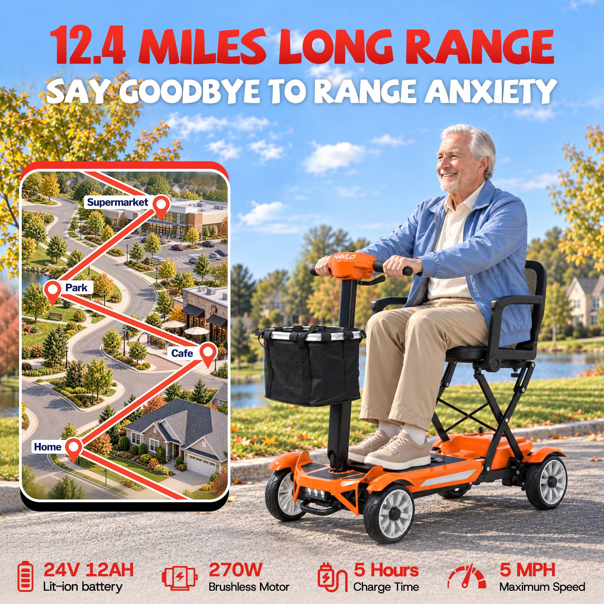 12.4 MILES LONG RANGE SAY GOODBYE TO RANGE ANXIETY

Supermarket
Park
Cafe
Home

24V 12AH Lit-ion battery
270W Brushless Motor
5 Hours Charge Time
5 MPH Maximum Speed