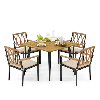 Front. Gymax - Gymax 5 Pieces Patio Dining Set Outdoor Dining Table & Chairs w/ Cushions - Beige.