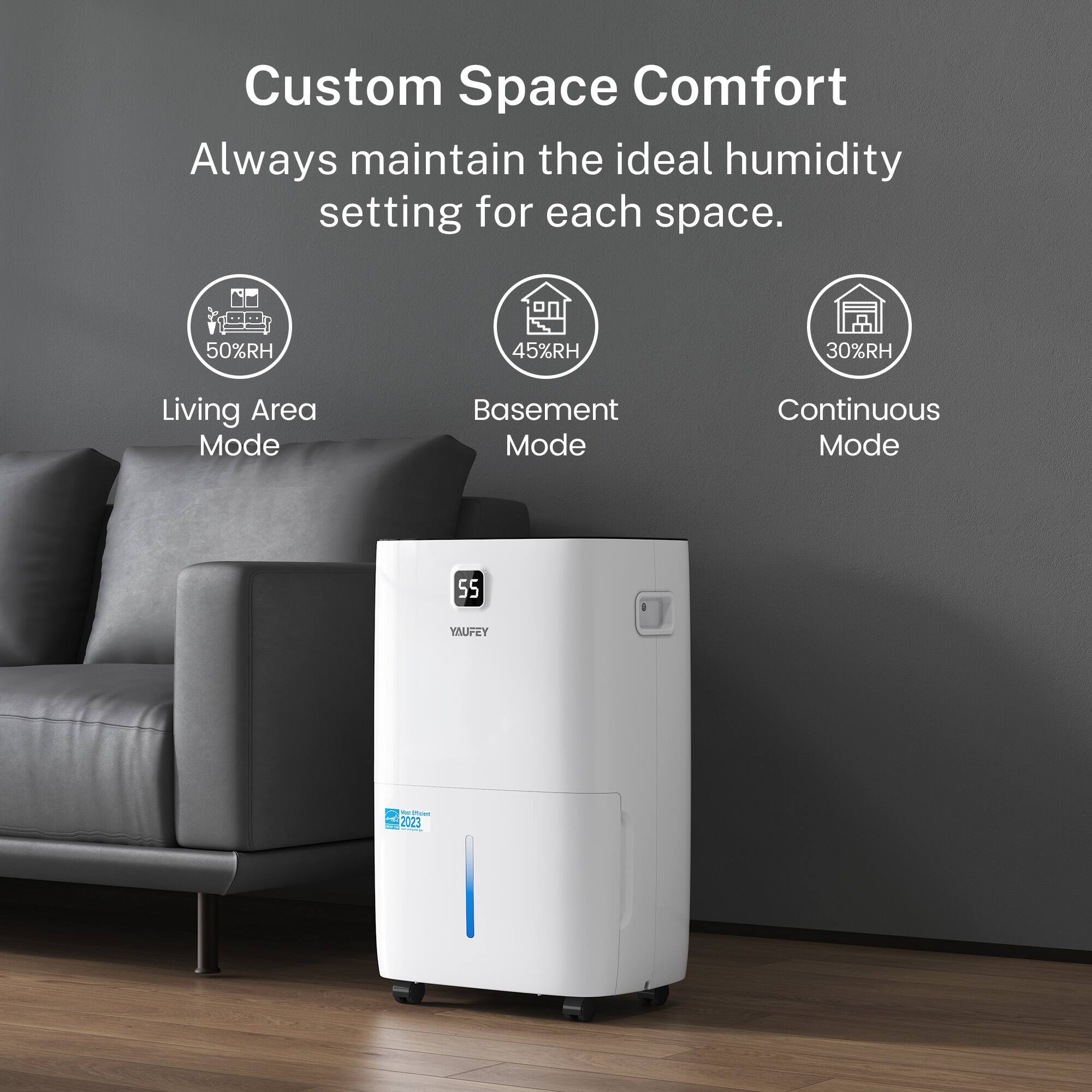 Custom Space Comfort  
Always maintain the ideal humidity setting for each space.  

50%RH  
Living Area Mode  

45%RH  
Basement Mode  

30%RH  
Continuous Mode  

YAUFEY - 55  
2023