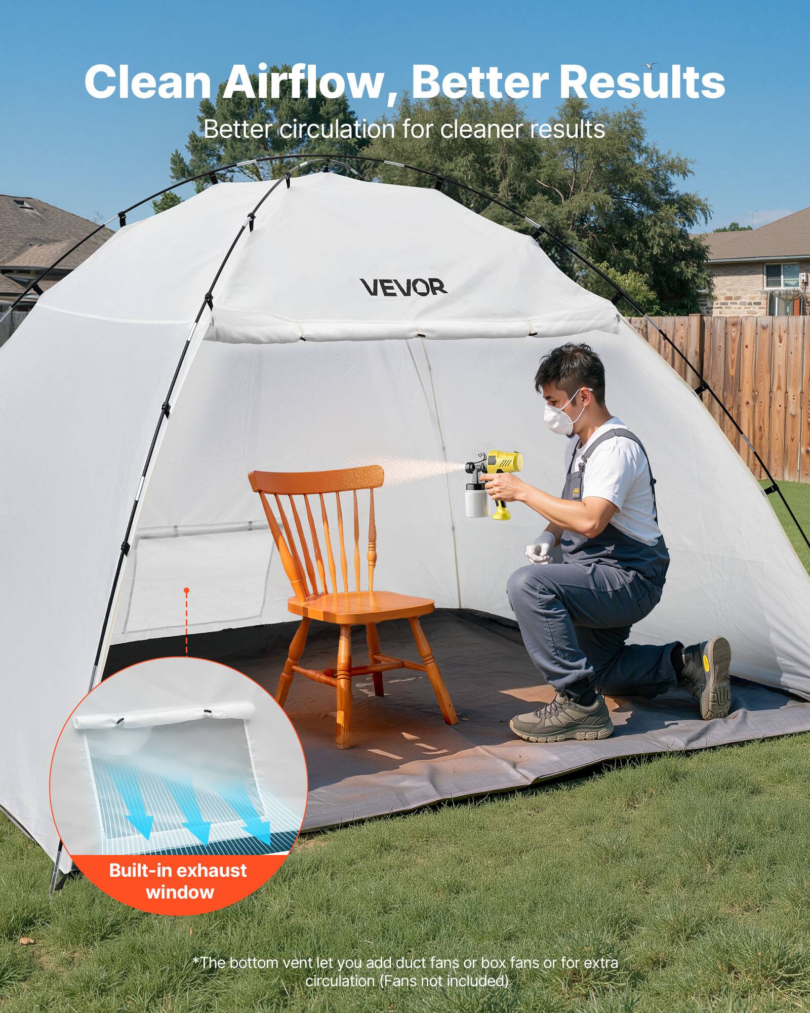 Clean Airflow, Better Results  
Better circulation for cleaner results  

VEVOR 1  
Built-in exhaust window  
*The bottom vent lets you add duct fans or box fans for extra circulation (Fans not included)