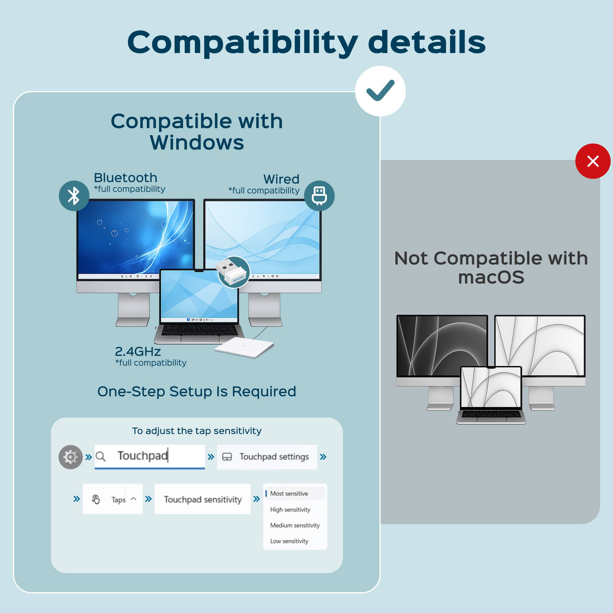 Compatibility details

Compatible with Windows  
- Bluetooth: *full compatibility*  
- Wired: *full compatibility*  
- 2.4GHz: *full compatibility*  

Not Compatible with macOS  

One-Step Setup Is Required  

To adjust the tap sensitivity  
- Touchpad  
- Touchpad settings  
- Taps  
- Touchpad sensitivity  
  - Most sensitive  
  - High sensitivity  
  - Medium sensitivity  
  - Low sensitivity
