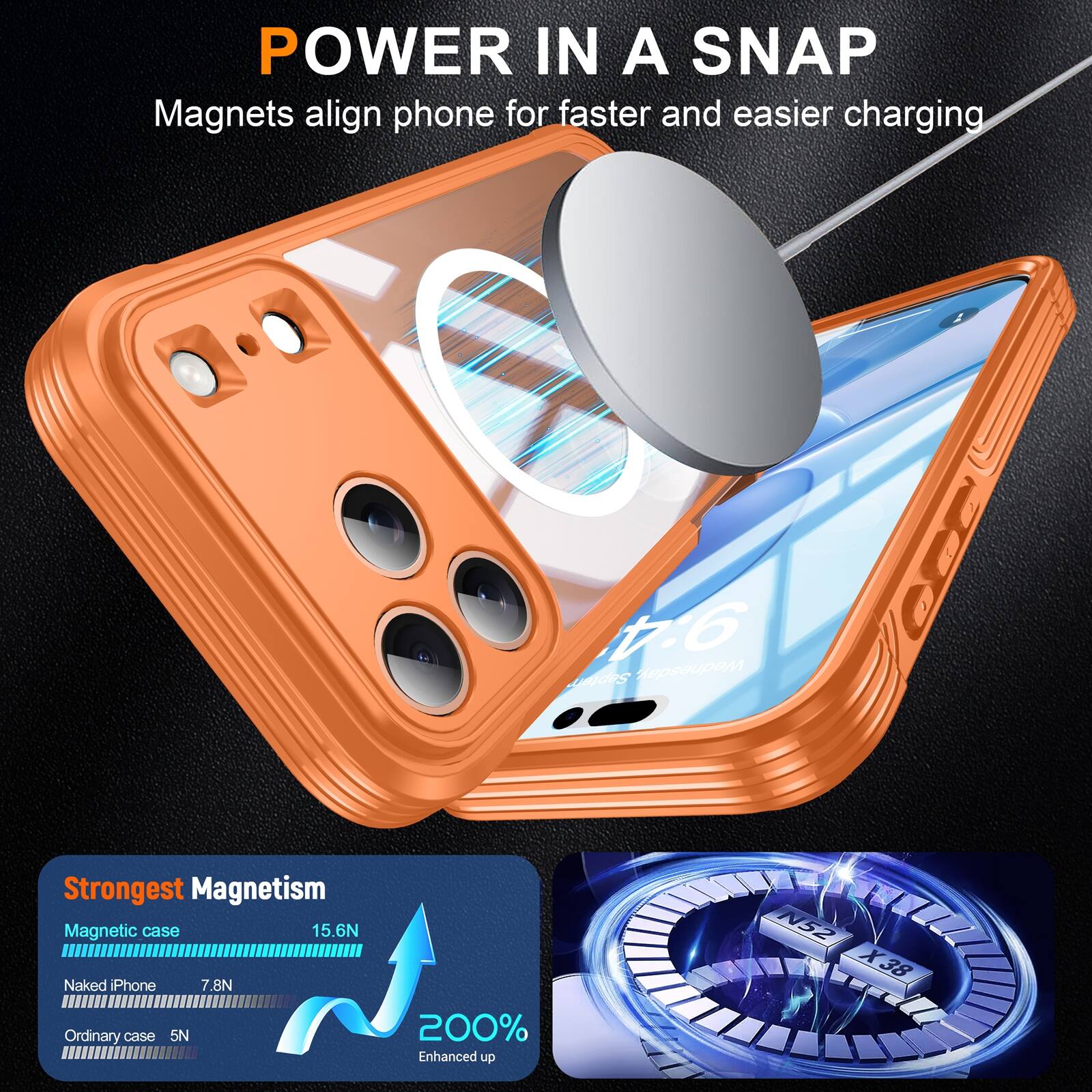 POWER IN A SNAP  
Magnets align phone for faster and easier charging  

Strongest Magnetism  
Magnetic case 15.6N  
Naked iPhone 7.8N  
Ordinary case 5N  
200% Enhanced up N52 X38