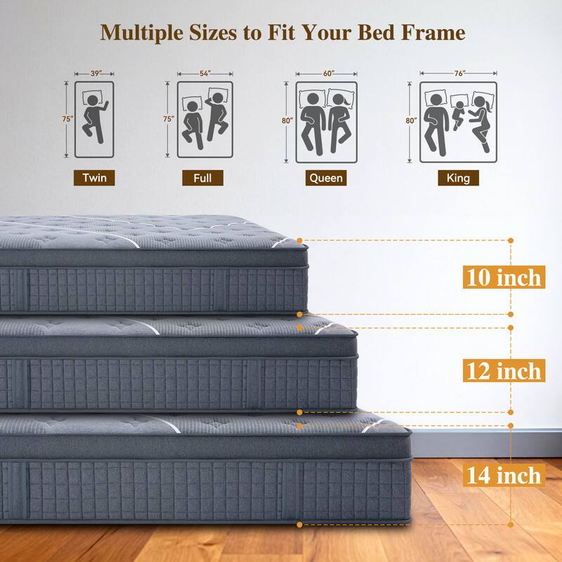 Multiple Sizes to Fit Your Bed Frame

- Twin: 39" x 75"
- Full: 54" x 75"
- Queen: 60" x 80"
- King: 76" x 80"

Thickness: 10 inch, 12 inch, 14 inch