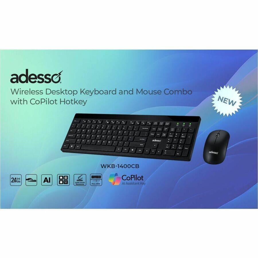 adesso Wireless Desktop Keyboard and Mouse Combo with CoPilot Hotkey NEW - adesso WKB-1400CB