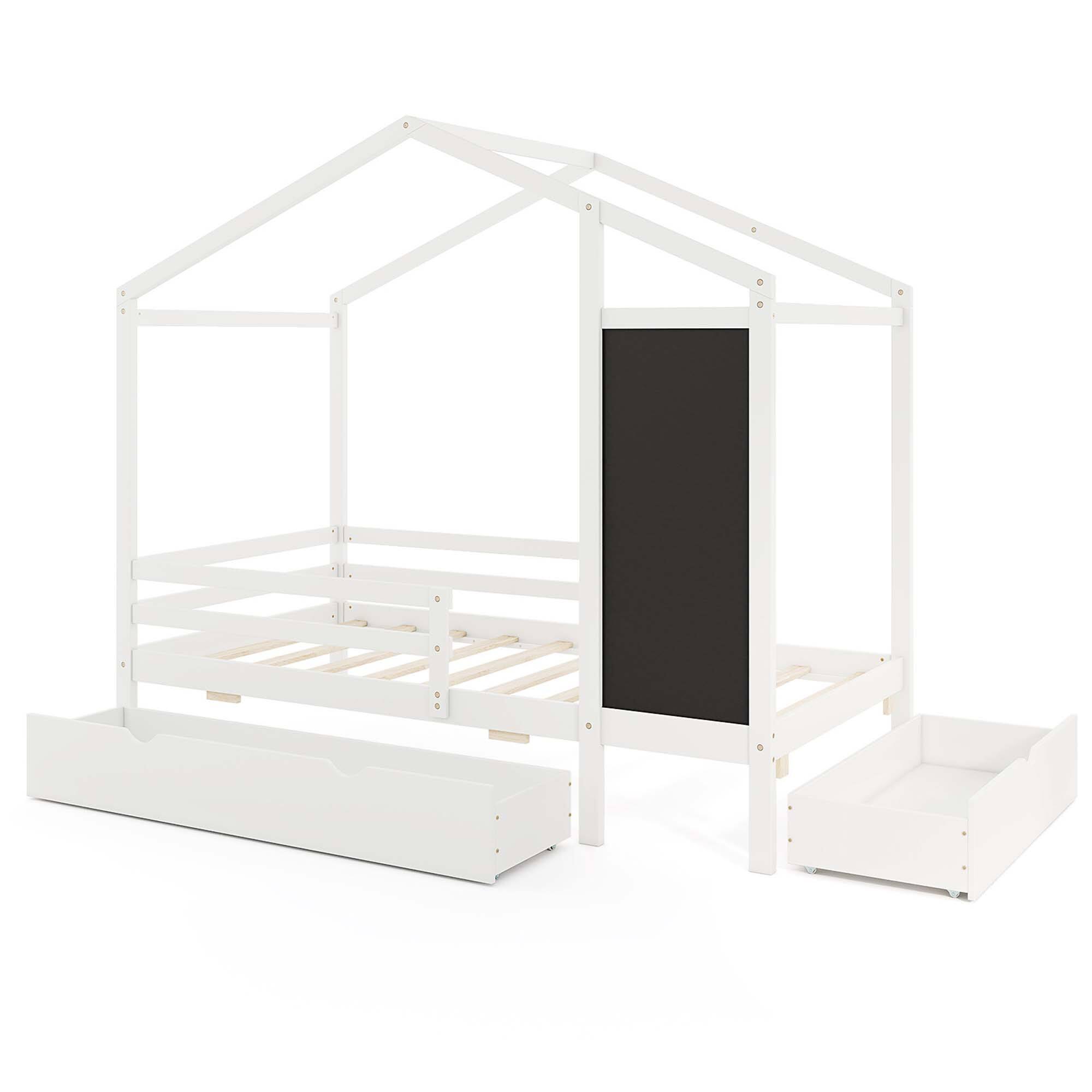 Alt View 7. Costway - Twin House Bed with 2 Storage Drawers Solid Wood Platform Bed with Blackboard - White.