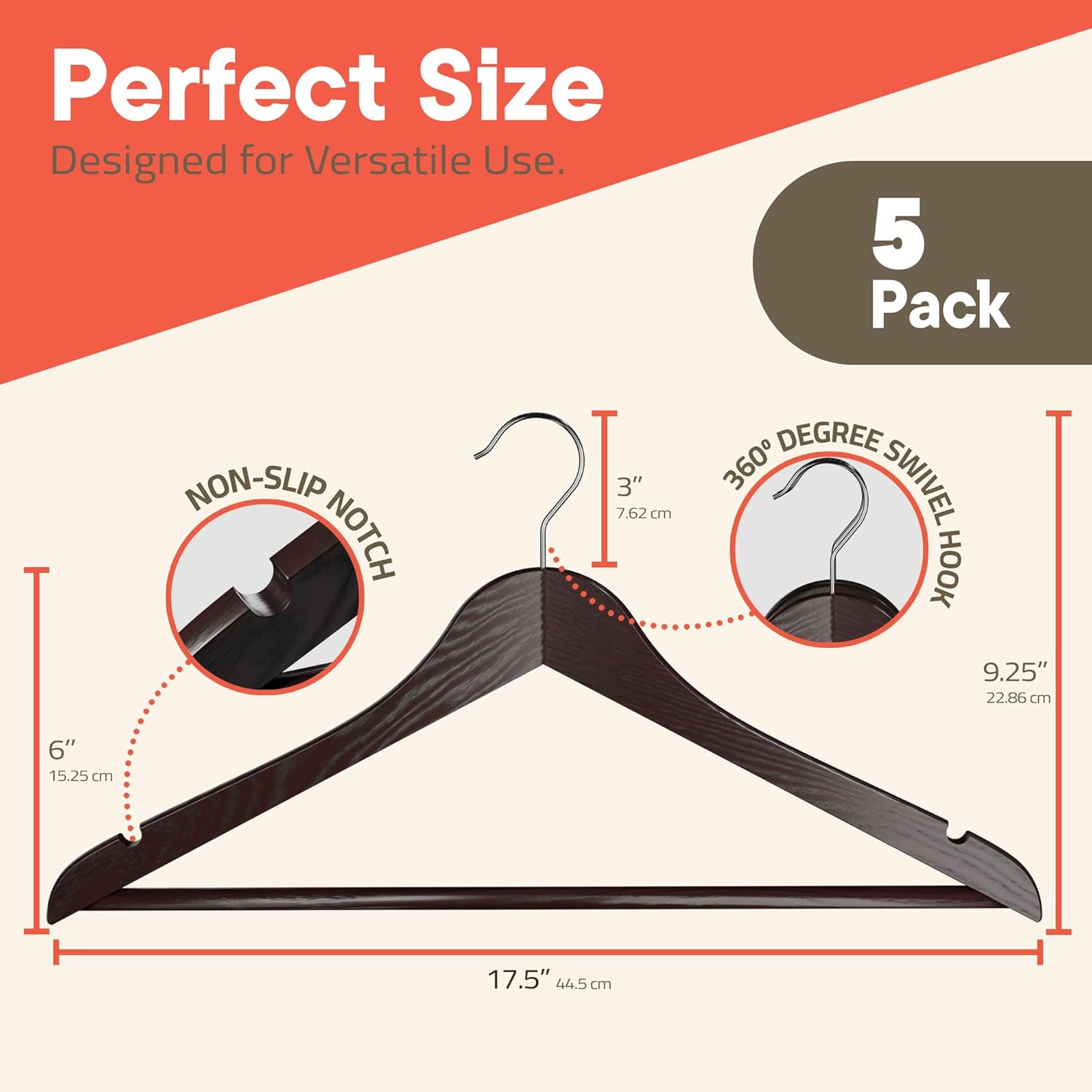 Perfect Size, Designed for Versatile Use, NON-SLIP NOTCH, 3" 7.62 cm, 5 Pack, 360° DEGREE SWIVEL HOOK, 9.25" 22.86 cm, 6" 15.25 cm, 17.5" 44.5 cm