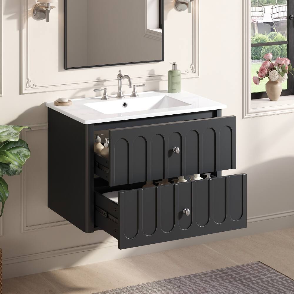 Angle. Loheer - Loheer 30 inch floating bathroom vanity Black with Ceramic Sink - Black.