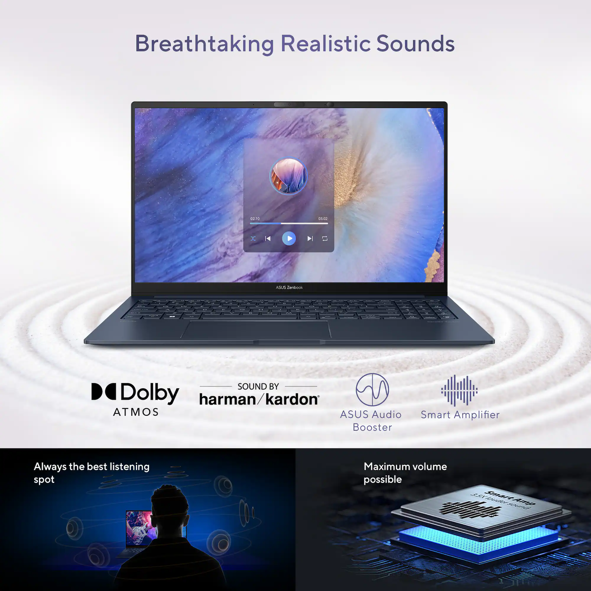 Zoom in on Breathtaking Realistic Sounds 0018 21 x 4 Dolby harman/kardon ATMOS ASUS Audio Booster Smart Amplifier Always the best listening spot Maximum volume possible