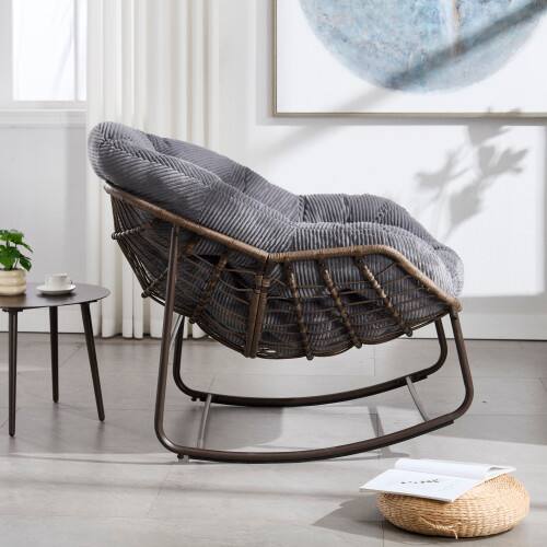 Alt View 5. GOODSILO - Outdoor Rattan Rocking Chair Padded Cushion Rocker Recliner for Porch, Living Room, Patio, Garden - Grey.