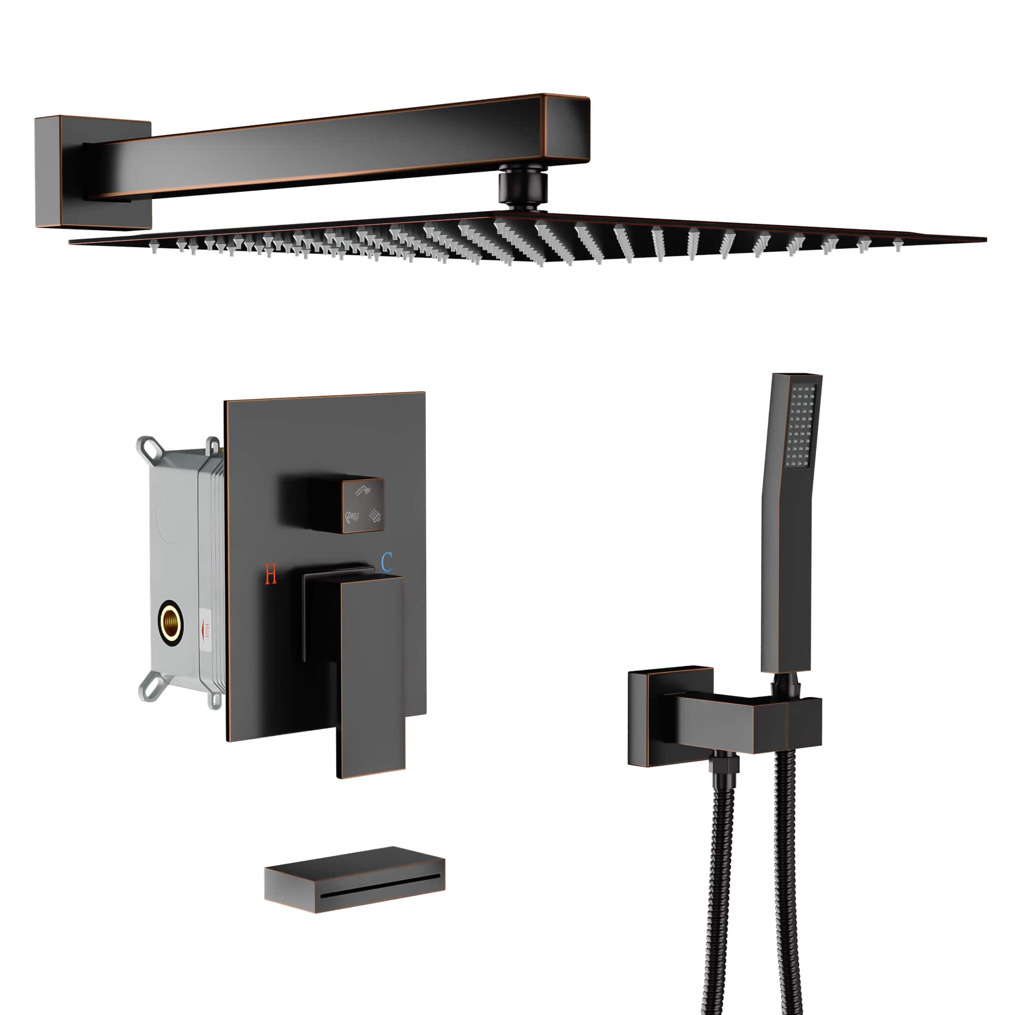 Photos - Shower System Waterfall Lordear -  with  Tub Spout,12 Inch Wall Mounted Square  with Rough-in Valve - Oil Rubber 