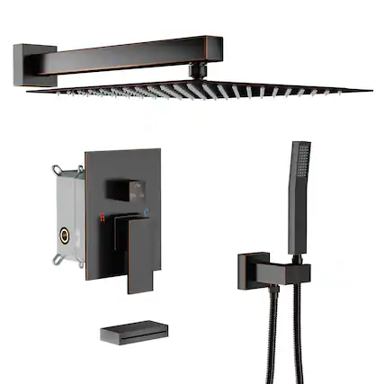 Front. Lordear - Shower System with Waterfall Tub Spout,12 Inch Wall Mounted Square Shower System with Rough-in Valve,Oil Rubber Bronze - Oil Rubber Bronze.
