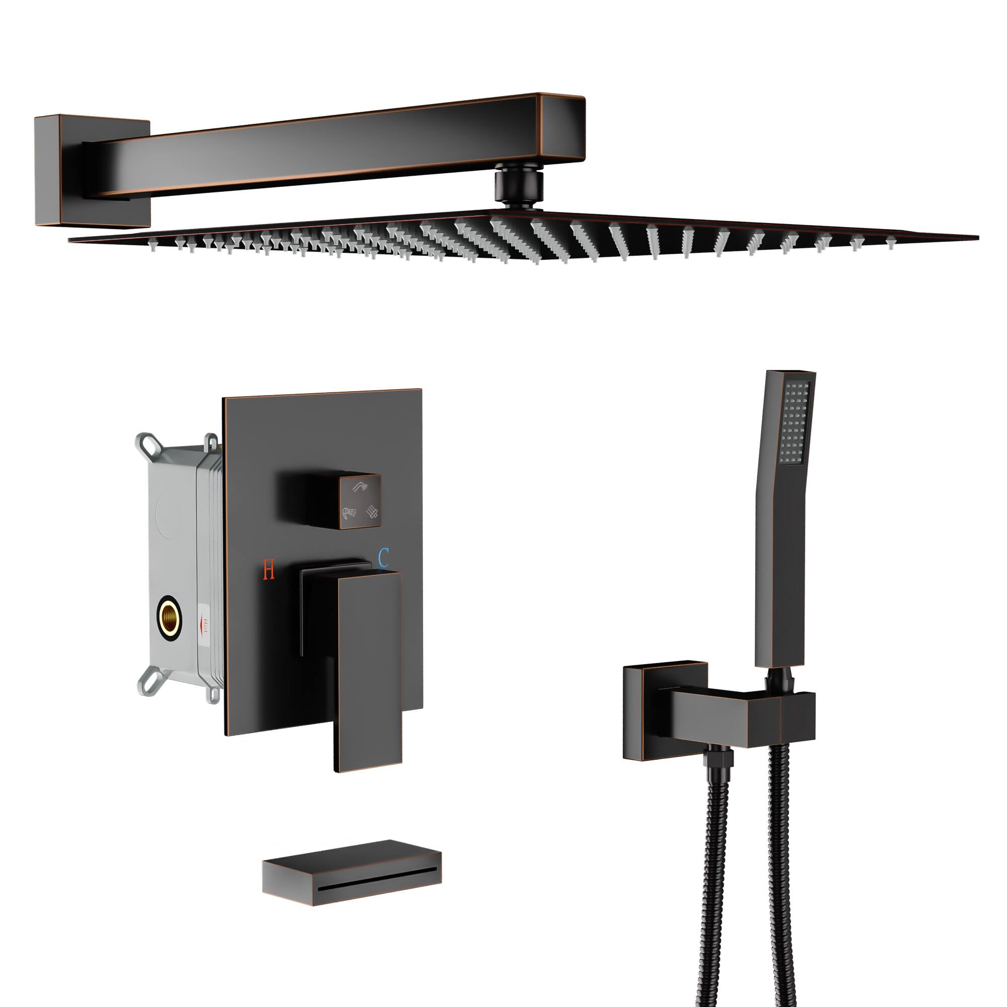 Front. Lordear - Shower System with Waterfall Tub Spout,12 Inch Wall Mounted Square Shower System with Rough-in Valve,Oil Rubber Bronze - Oil Rubber Bronze.