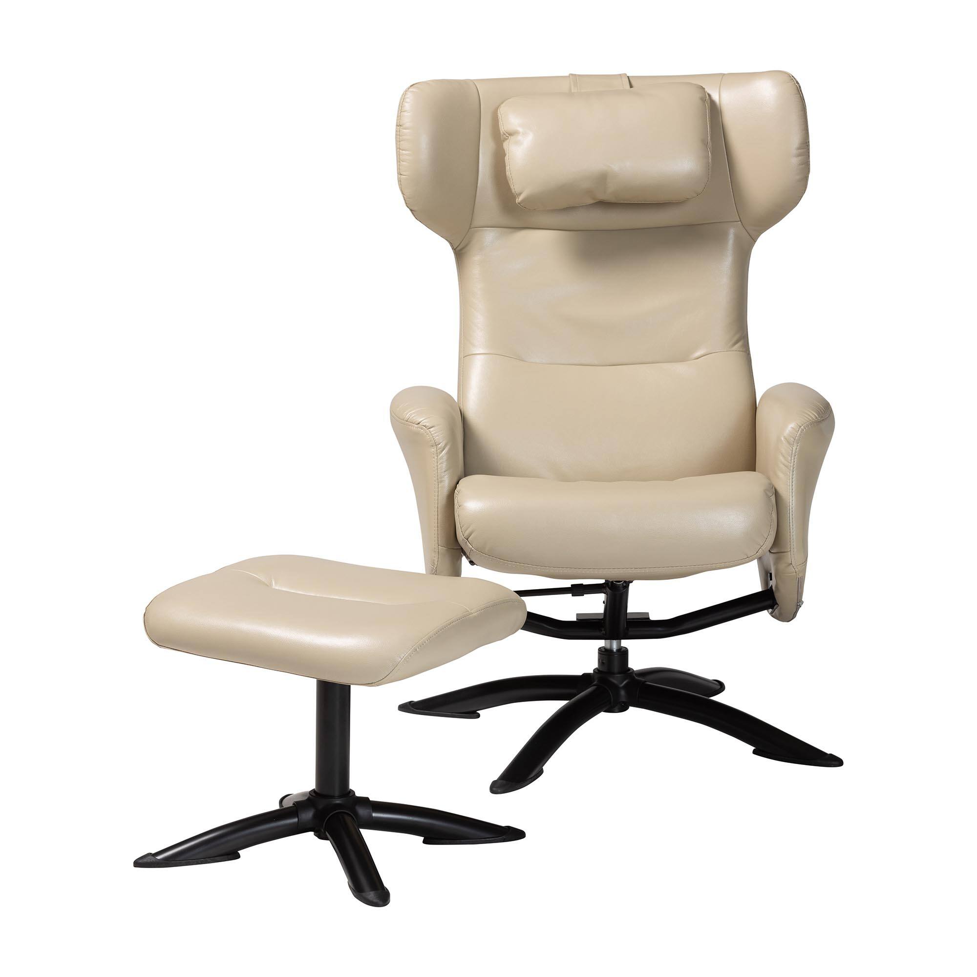 Left. Baxton Studio - Elwood Modern Faux Leather 2-Piece Lounge Chair and Footrest Set - Beige/Black.