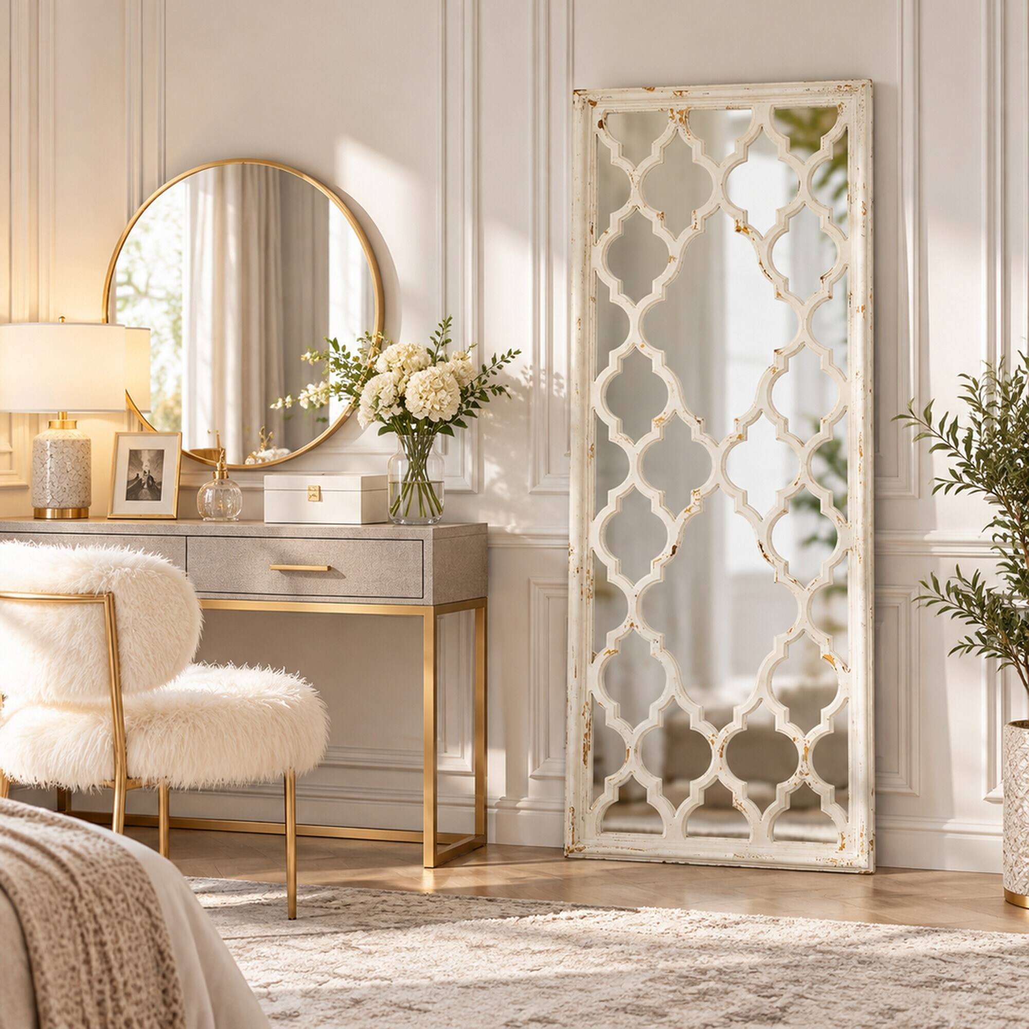 Alt View 2. RYHNUYNE - 24 x 60 Inch Distressed White Floor Mirror, Full Length Leaning Mirror, Fir Wood Frame, Bedroom and Bathroom - White.