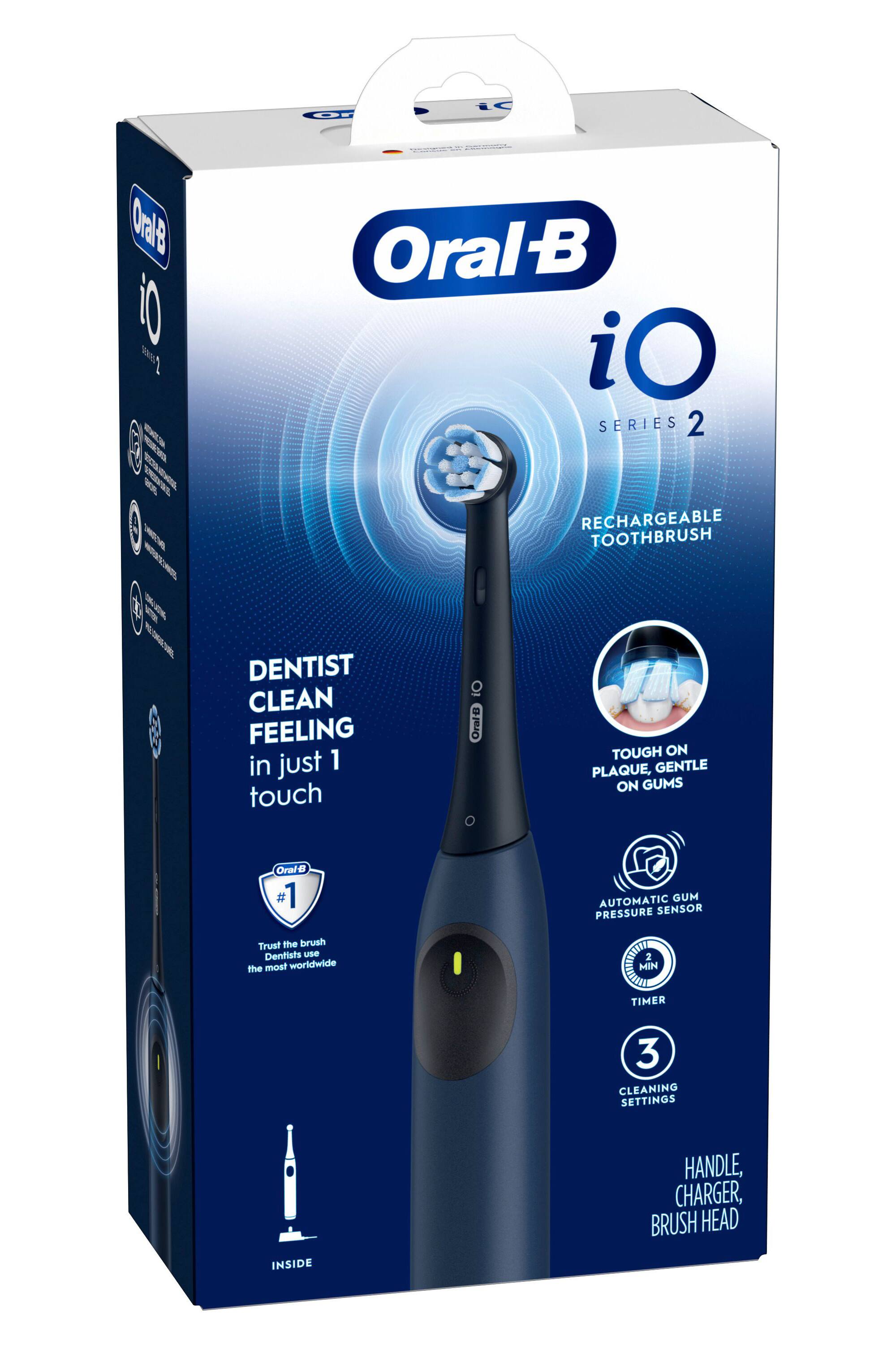 Oral-B iO Series 2 Rechargeable Toothbrush

Dentist Clean Feeling in just 1 touch

Tough on Plaque, Gentle on Gums

Automatic Gum Pressure Sensor

2-Min Timer

3 Cleaning Settings

Handle, Charger, Brush Head Inside

Trust the brush Dentists use the most worldwide