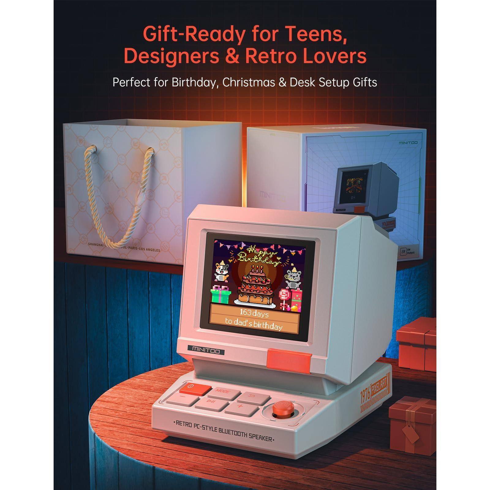 Gift-Ready for Teens, Designers & Retro Lovers  
Perfect for Birthday, Christmas & Desk Setup Gifts  

163 days to dad's birthday  

MINITOO  
RETRO PC-STYLE BLUETOOTH SPEAKER  
1976 FLEETWOOD