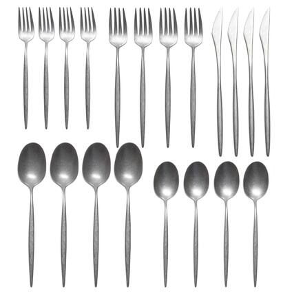 Front. Larder & Vine - 20-Piece Vintage Flatware Set for 4, Made in Portugal from 18/10 Stainless Steel - Vintage Silver.