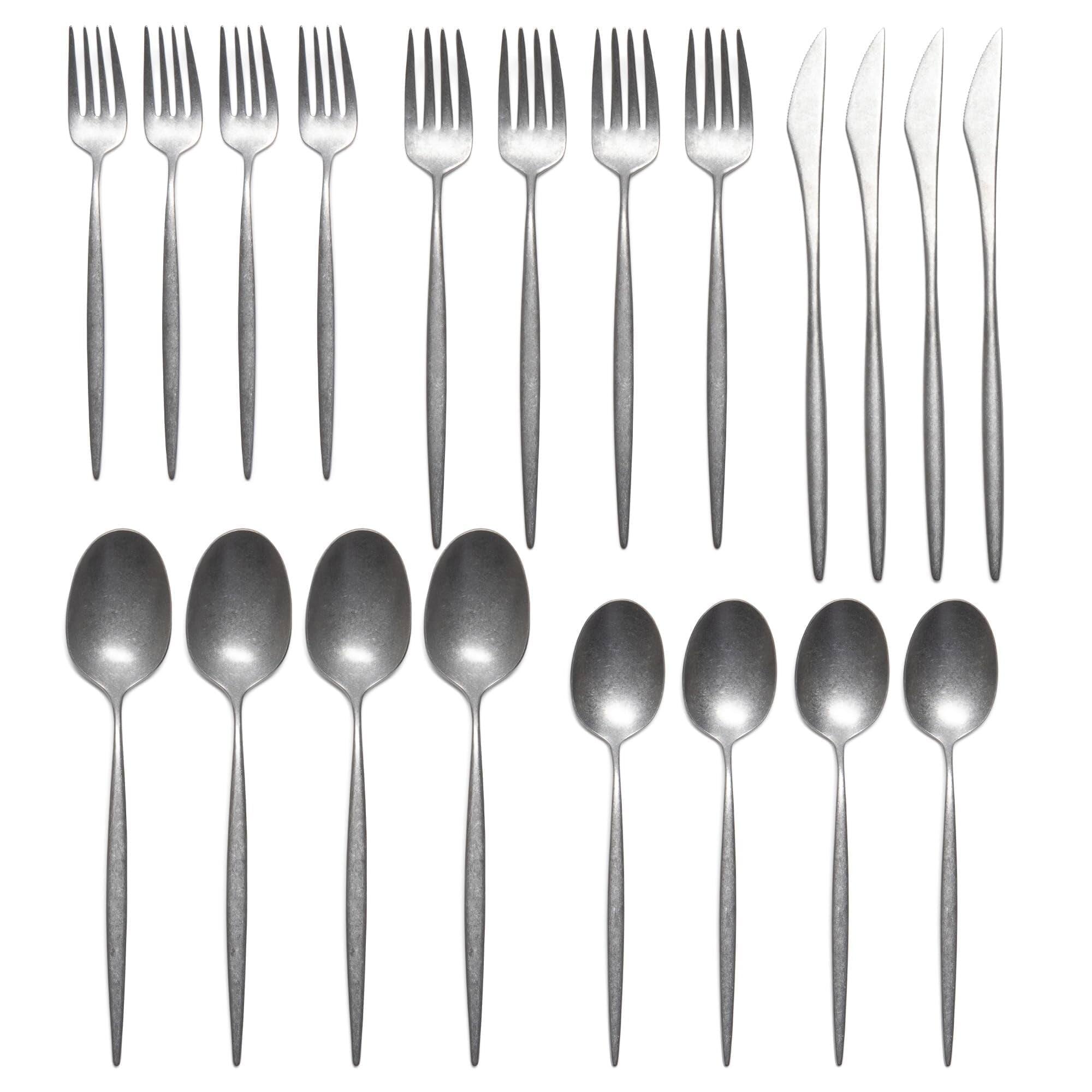 Front. Larder & Vine - 20-Piece Vintage Flatware Set for 4, Made in Portugal from 18/10 Stainless Steel - Vintage Silver.