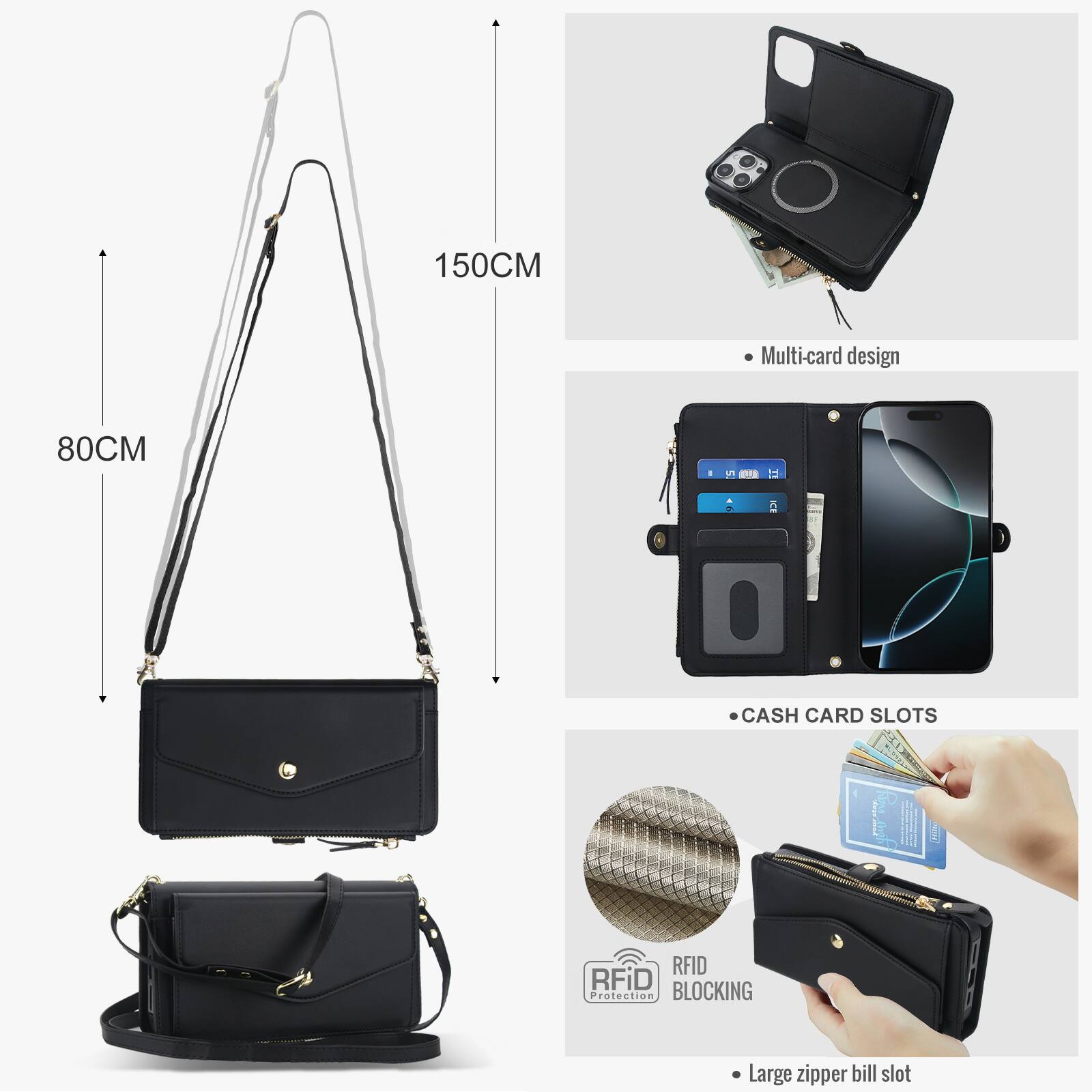 150CM Multi-card design 80CM

- CASH CARD SLOTS
- RFID BLOCKING
- Large zipper bill slot